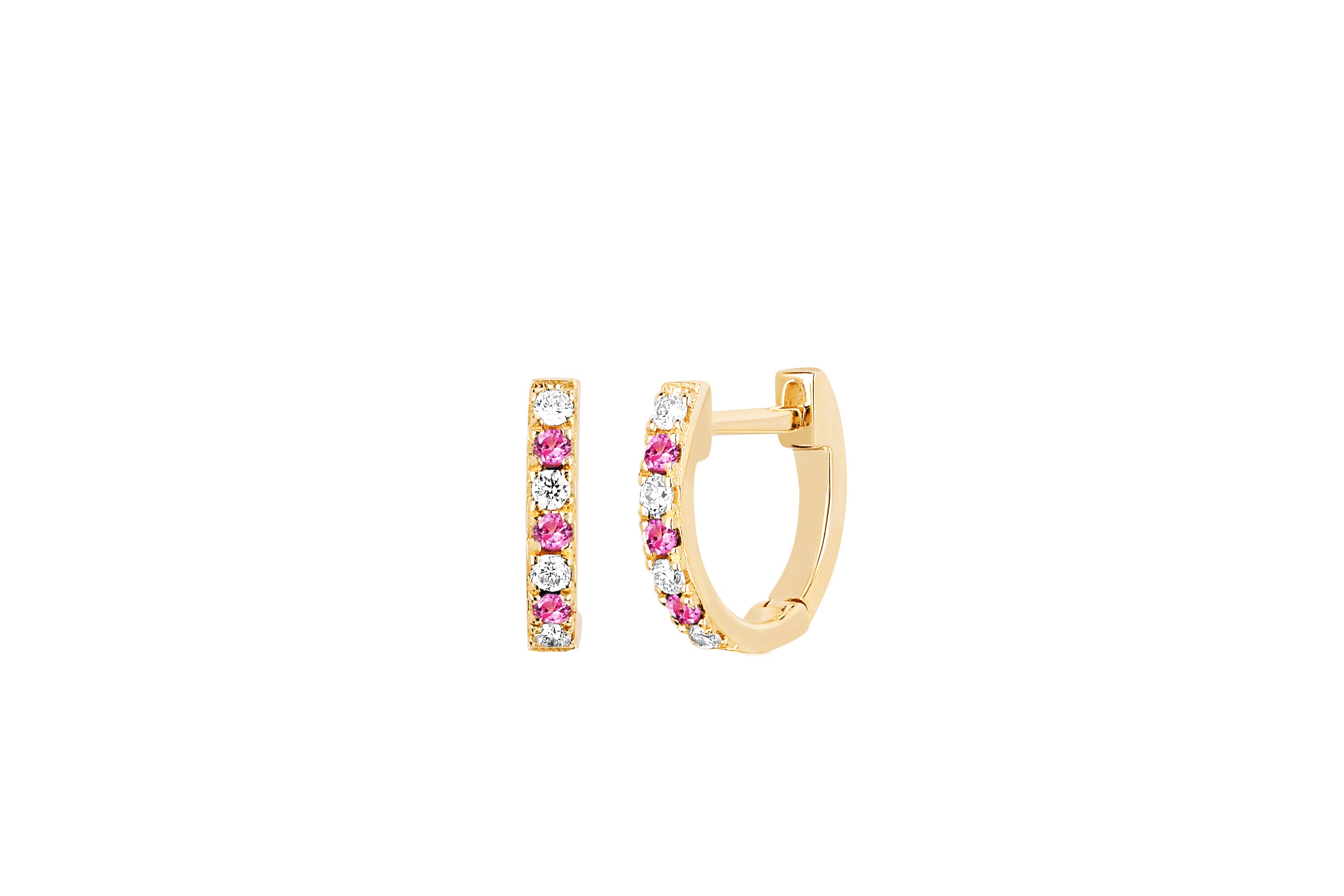 Mini Diamond & Pink Sapphire Dot Huggie Earring in 14k yellow gold