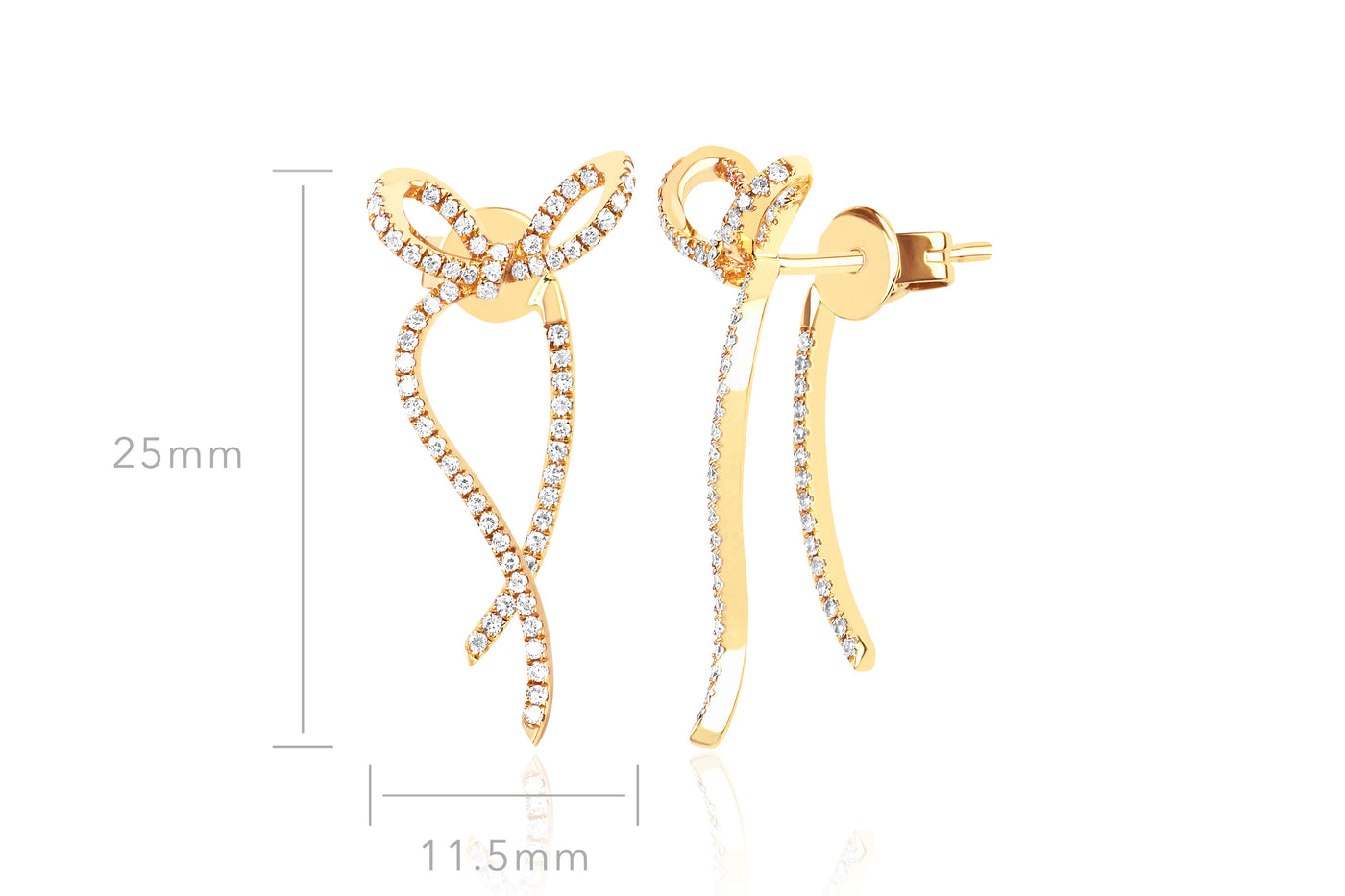 Diamond Bow Earring in 14k yellow gold with size display of 25mm height and 11.5mm width