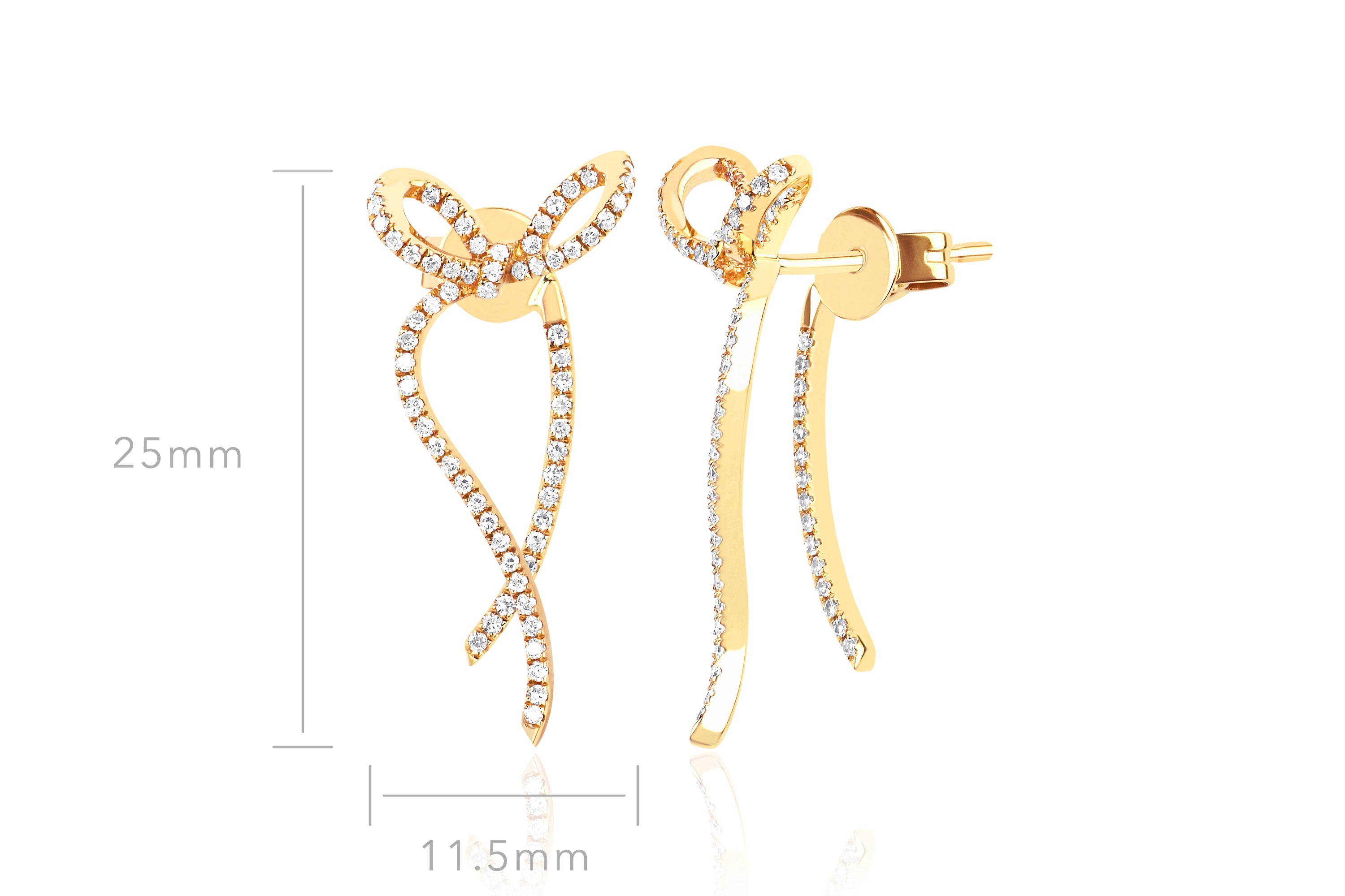 Diamond Bow Earring in 14k yellow gold with size display of 25mm height and 11.5mm width