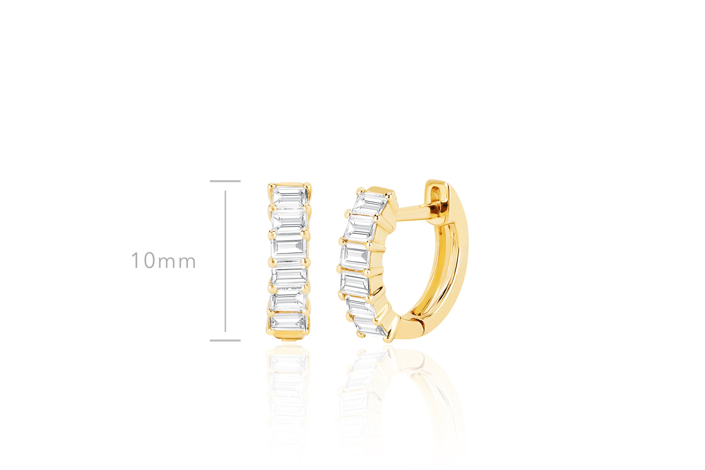 Prong Set Diamond Baguette Huggie Earring in 14k yellow gold with 10mm height measurement