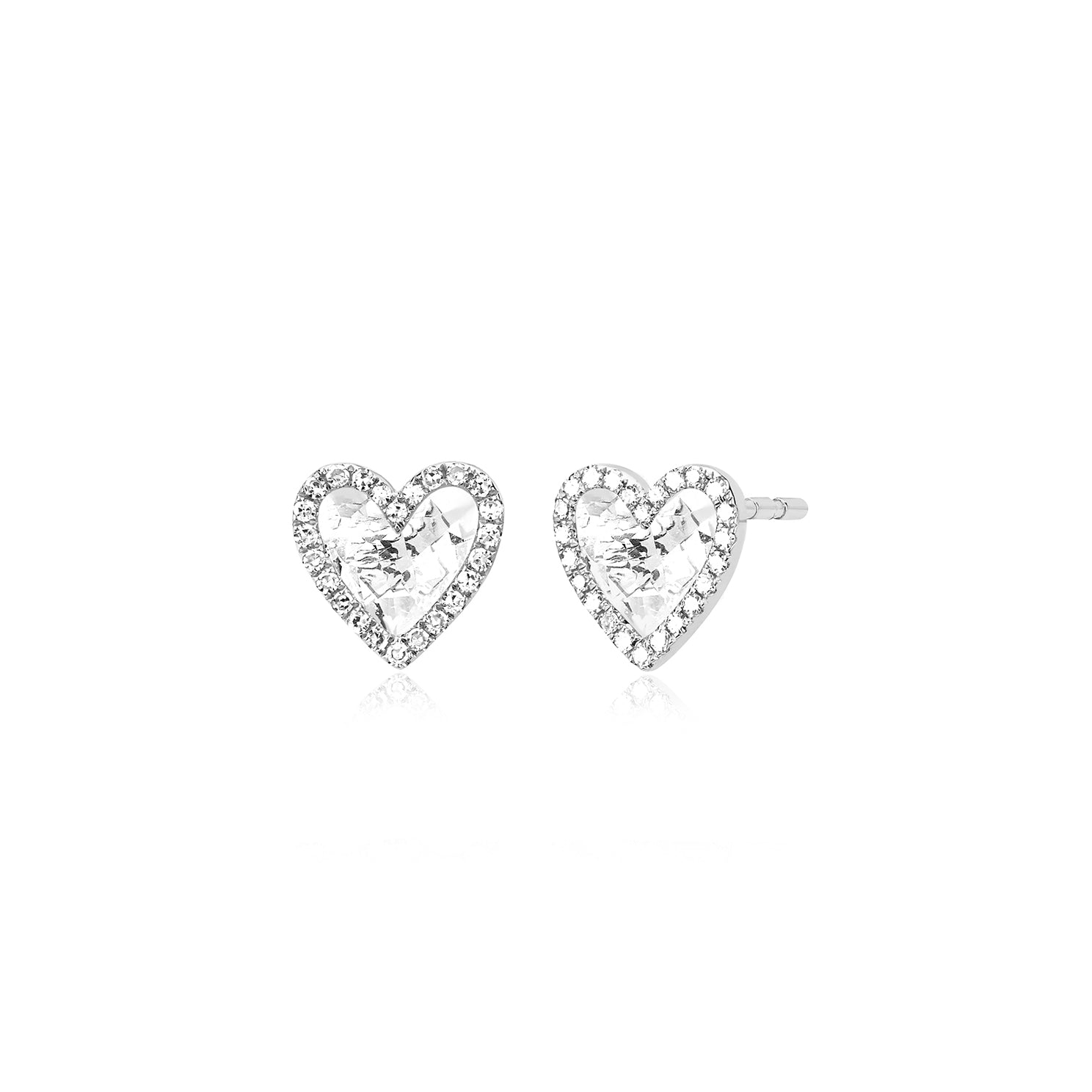 Diamond & White Quartz Heart Stud Earrings