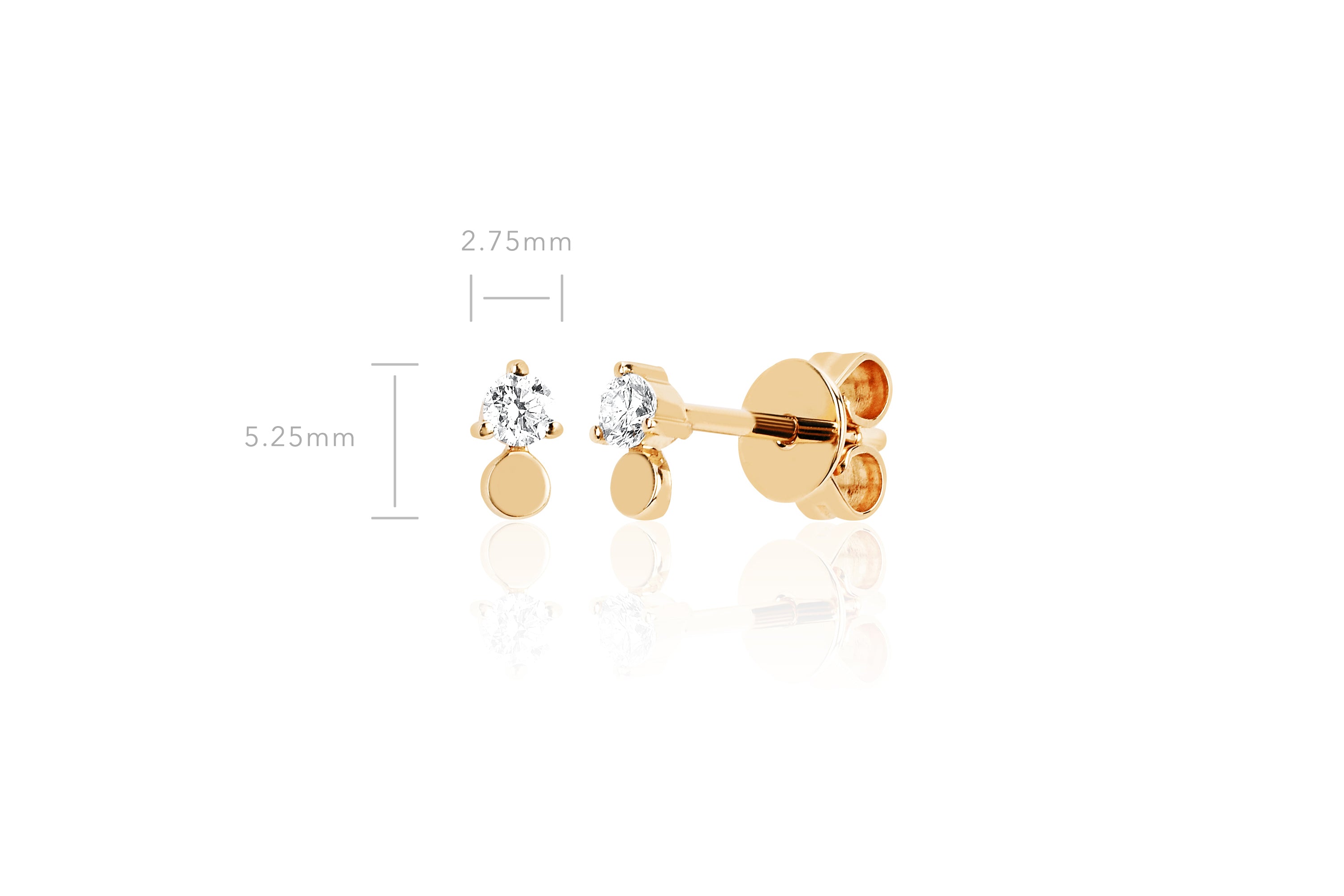 Gold Disc With Prong Set Diamond Stud Earring in 14k yellow gold with size measurements of 5.25mm height and 2.75mm width