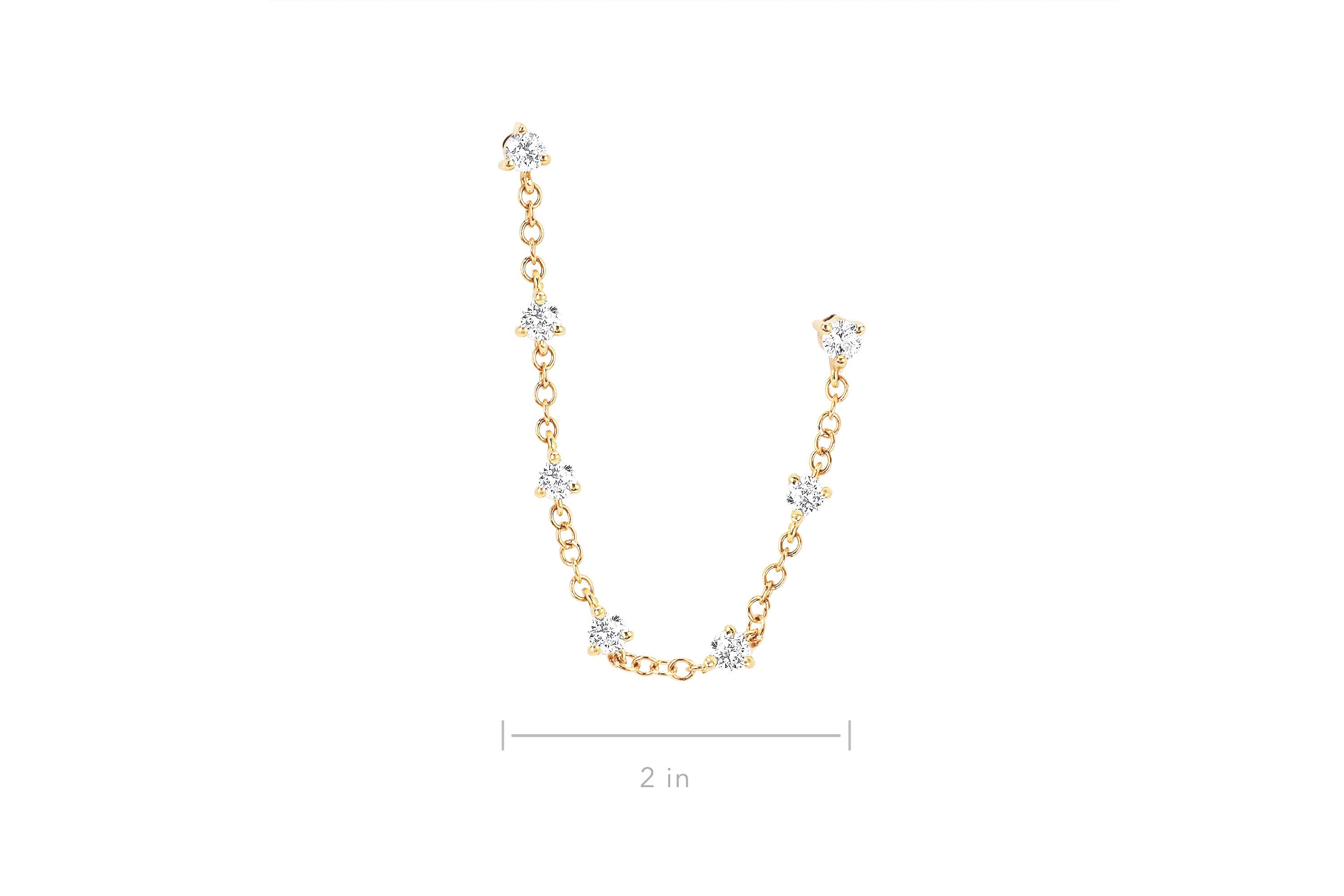 Diamond Double Stud Chain Earring in 14k yellow gold with size measurement of 2in length