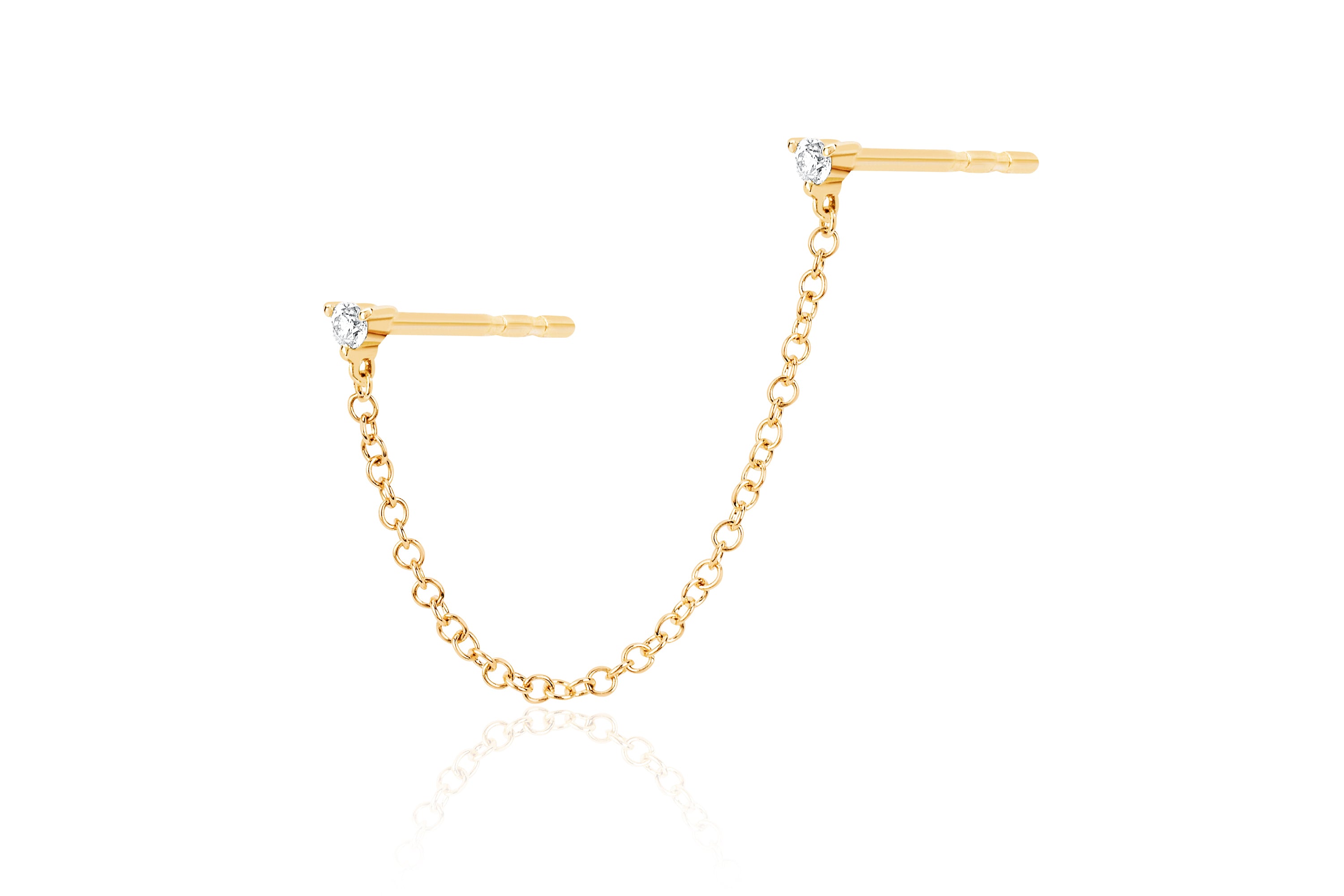Double Diamond Chain Stud Earring in 14k yellow gold side view