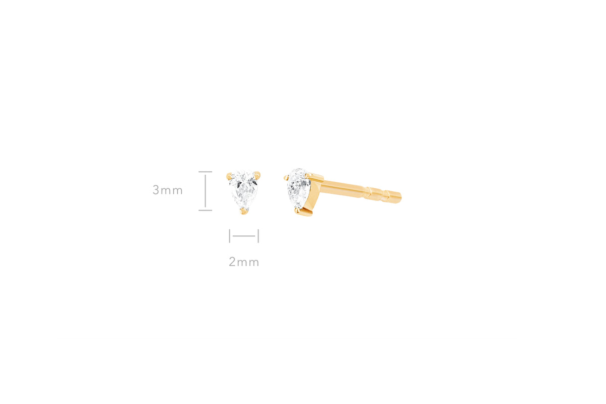 Mini Diamond Pear Stud Earring in 14k yellow gold with size measurements of 3mm height and 2mm width