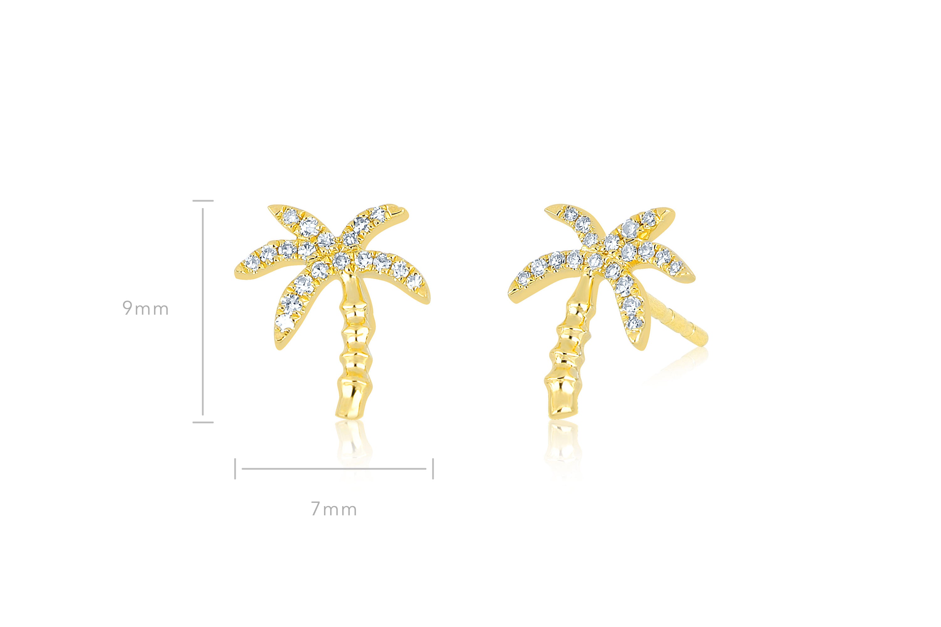 Diamond Wild Palm Stud Earring in 14k yellow gold with height measurement of 9mm and width of 7mm