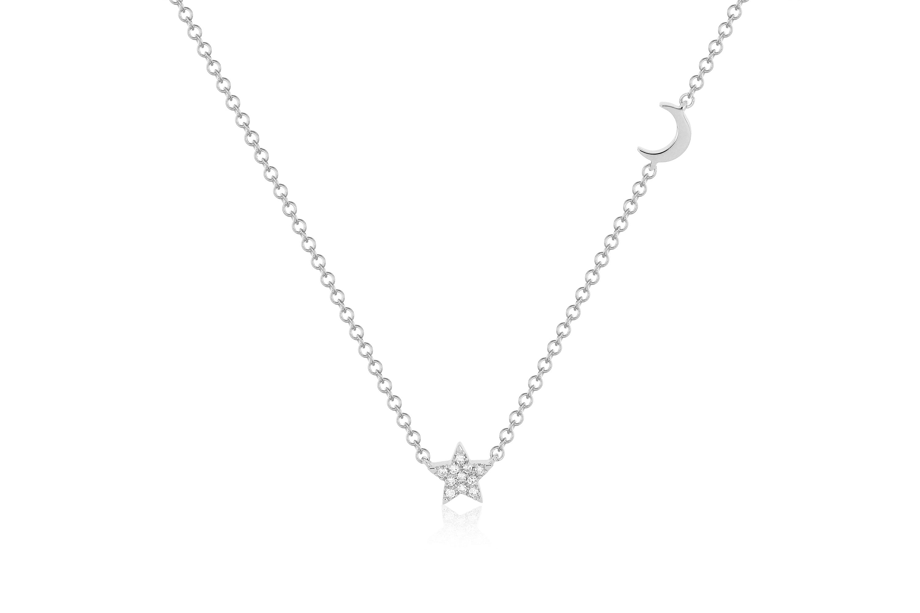 Baby Diamond Star And Gold Moon Necklace in 14k white gold
