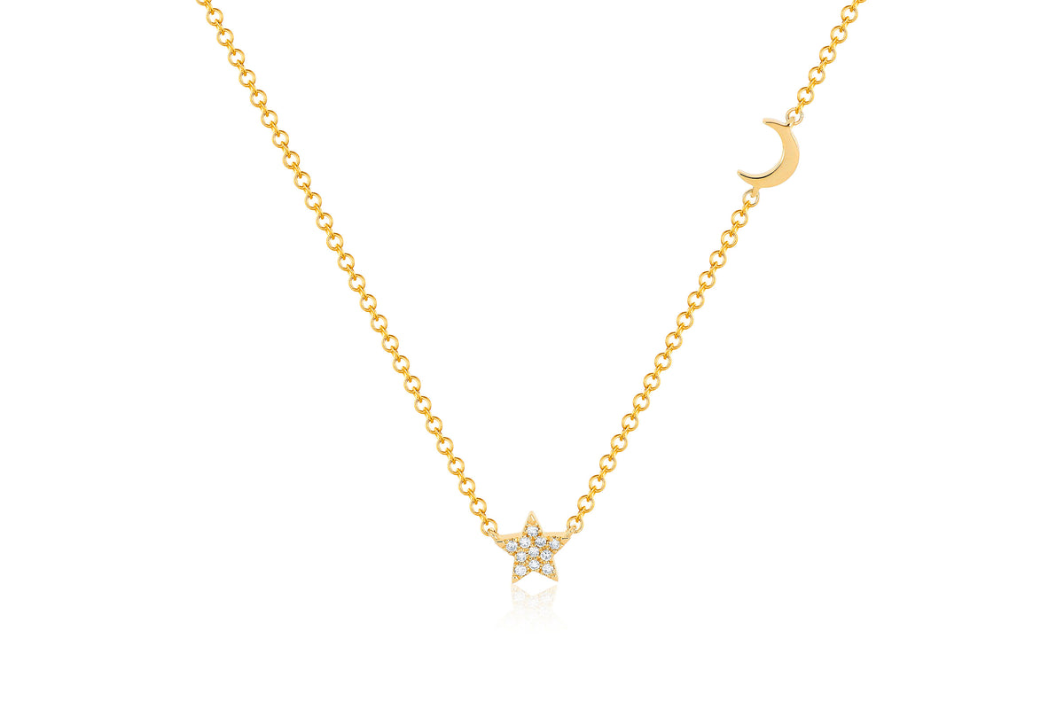 Baby Diamond Star And Gold Moon Necklace in 14k yellow gold