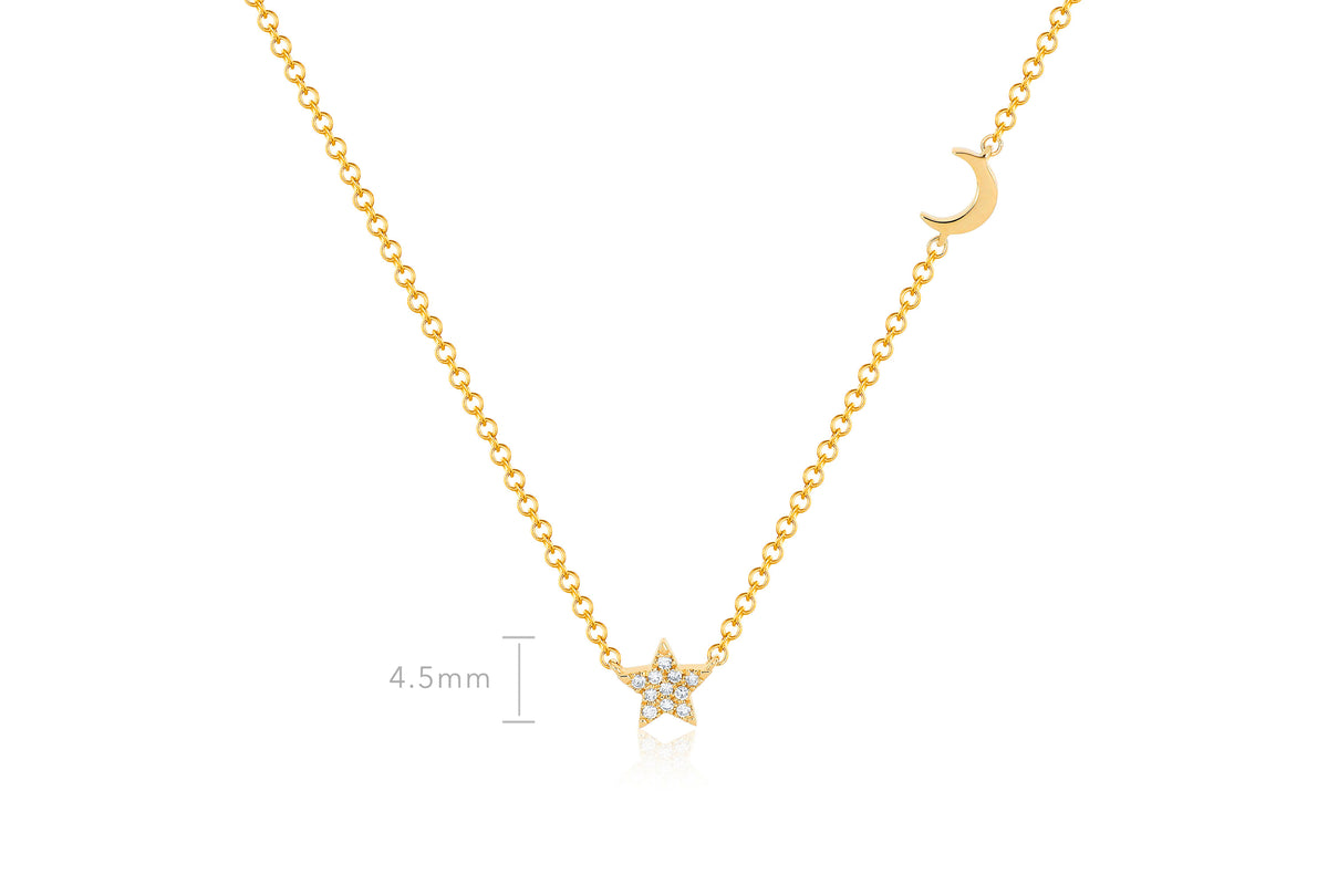Baby Diamond Star And Gold Moon Necklace in 14k yellow gold with size measurement