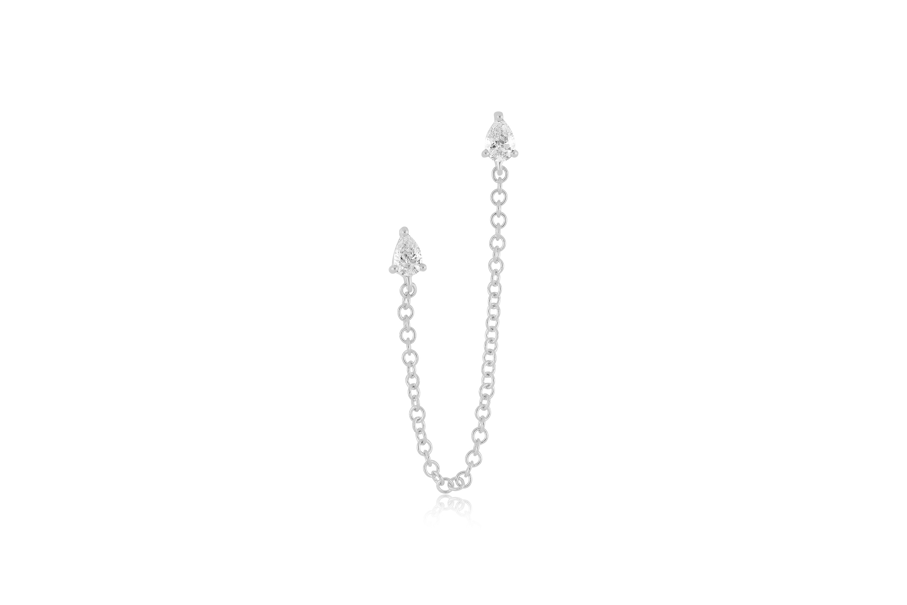 Single Double Pear Diamond Chain Stud Earring in 14k white gold