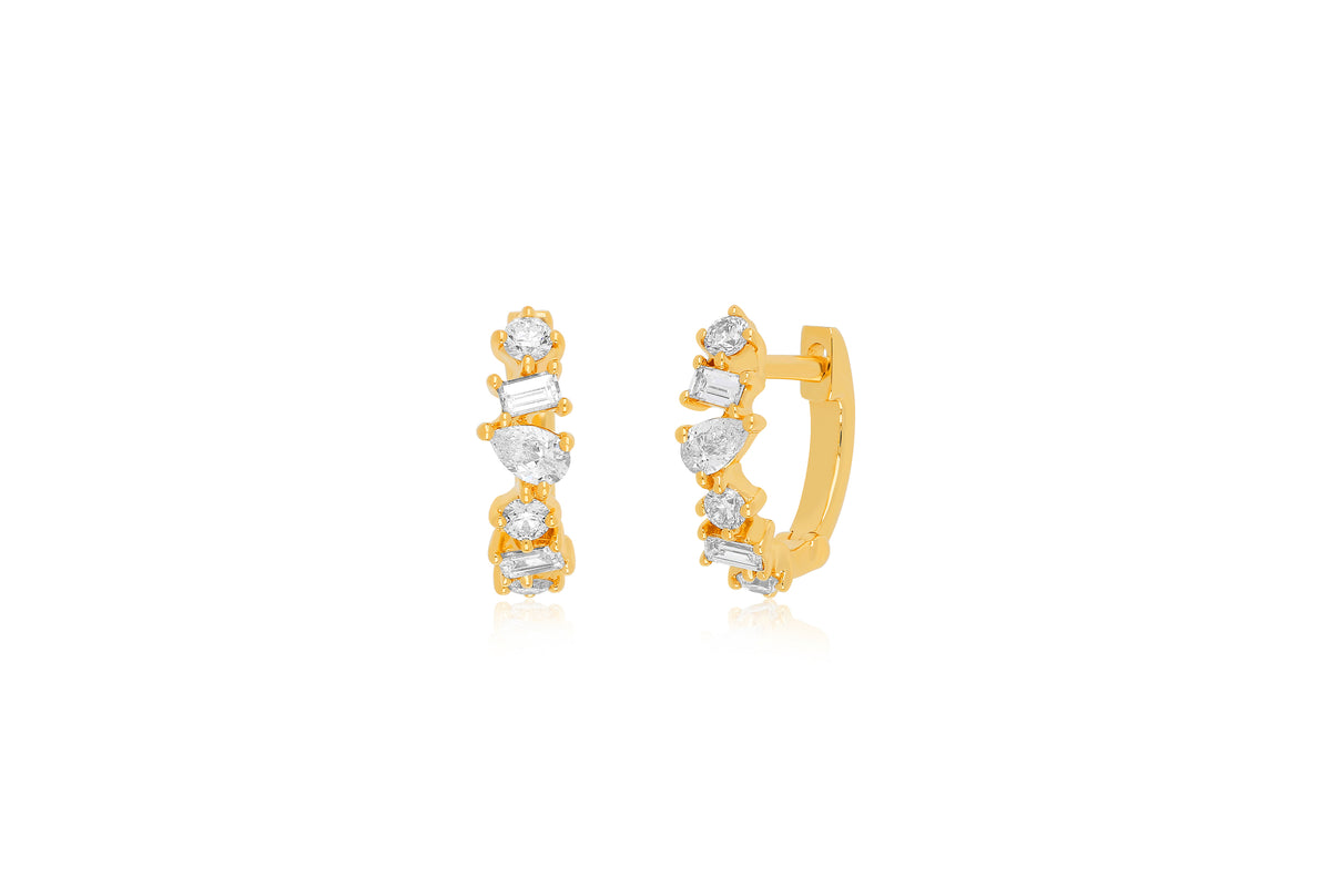 Multi Faceted Diamond Mini Huggie Earring in 14k yellow gold