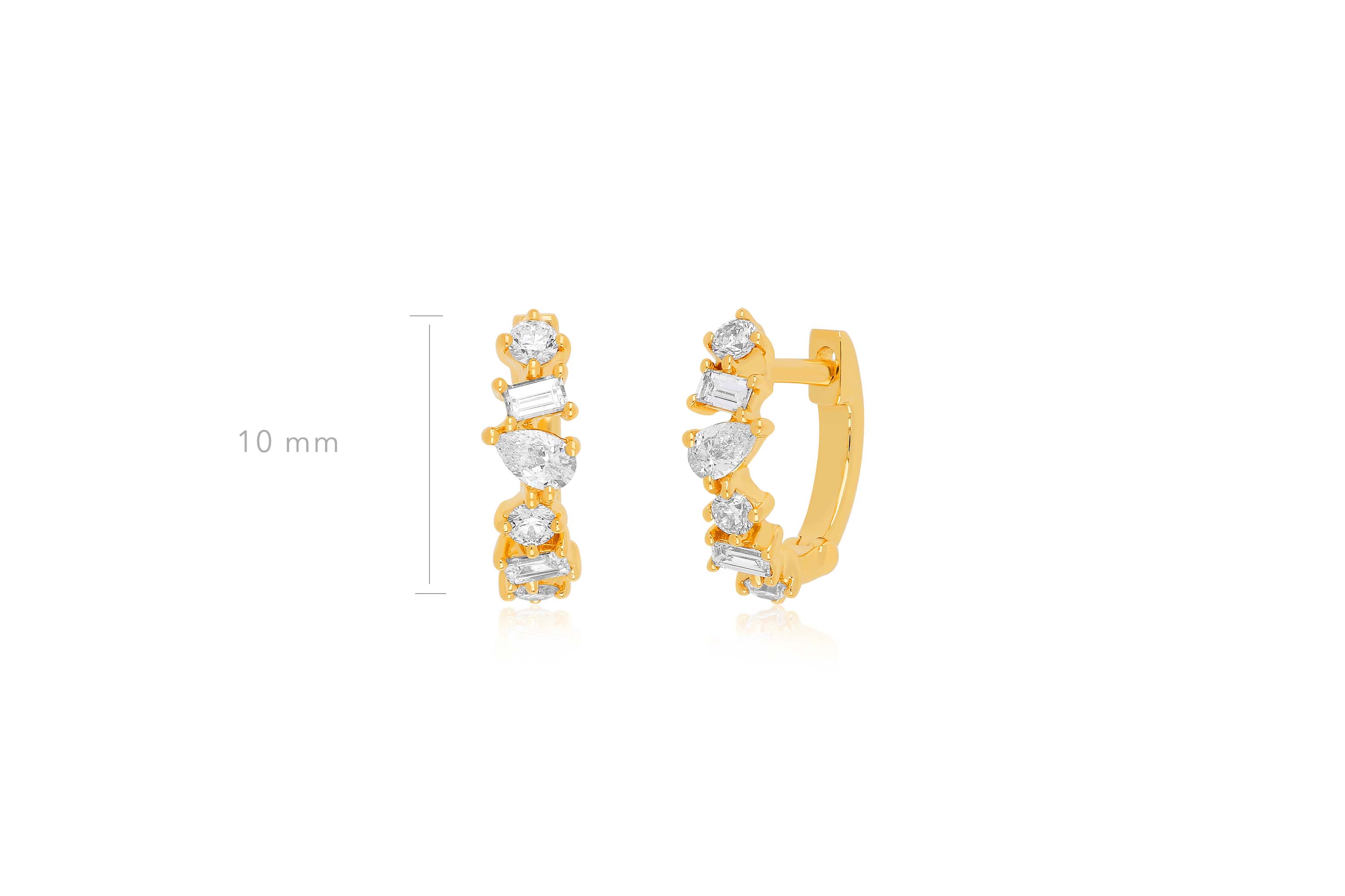 Multi Faceted Diamond Mini Huggie Earring in 14k yellow gold with size measurement of 10mm height