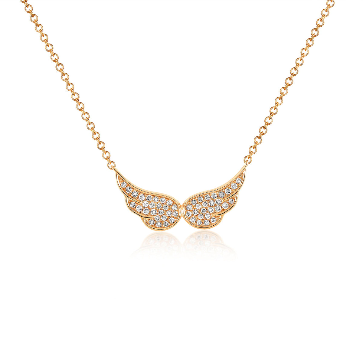 14k (karat) rose gold necklaces with double angel wings encrusted with diamonds