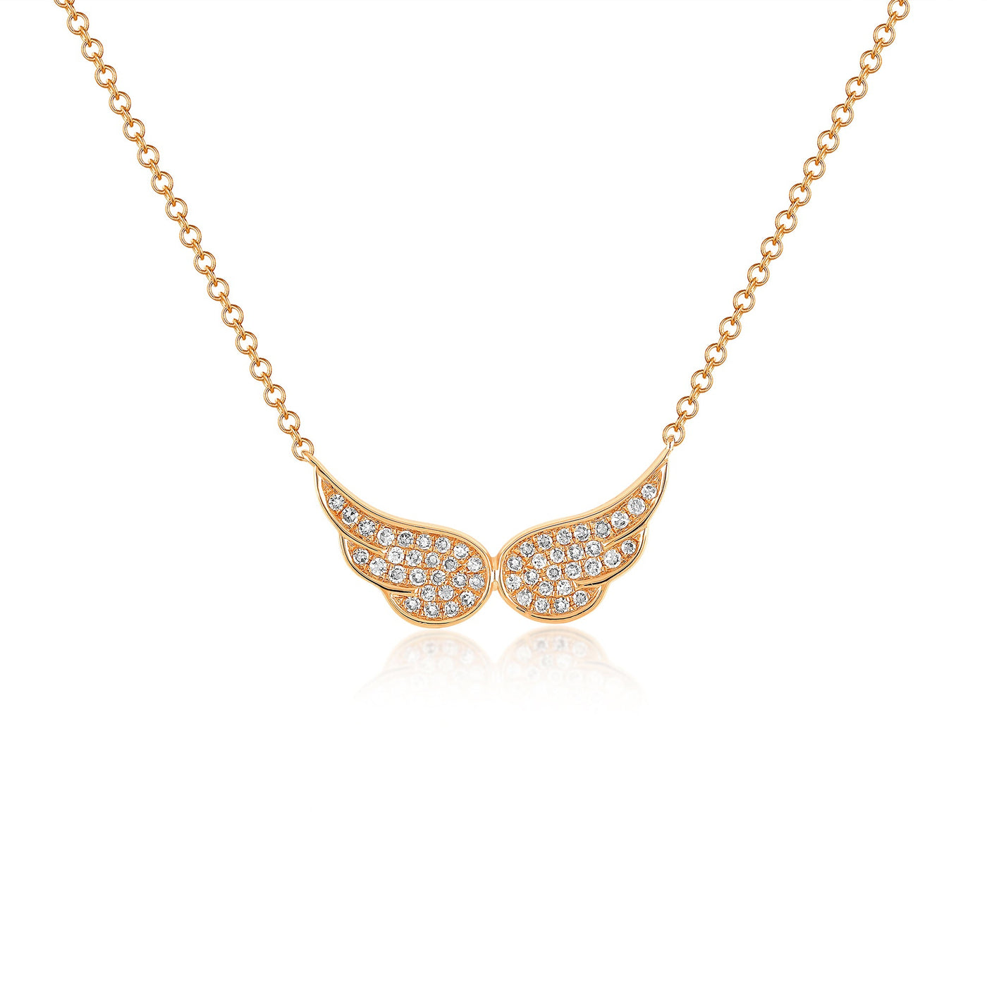14k (karat) rose gold necklaces with double angel wings encrusted with diamonds