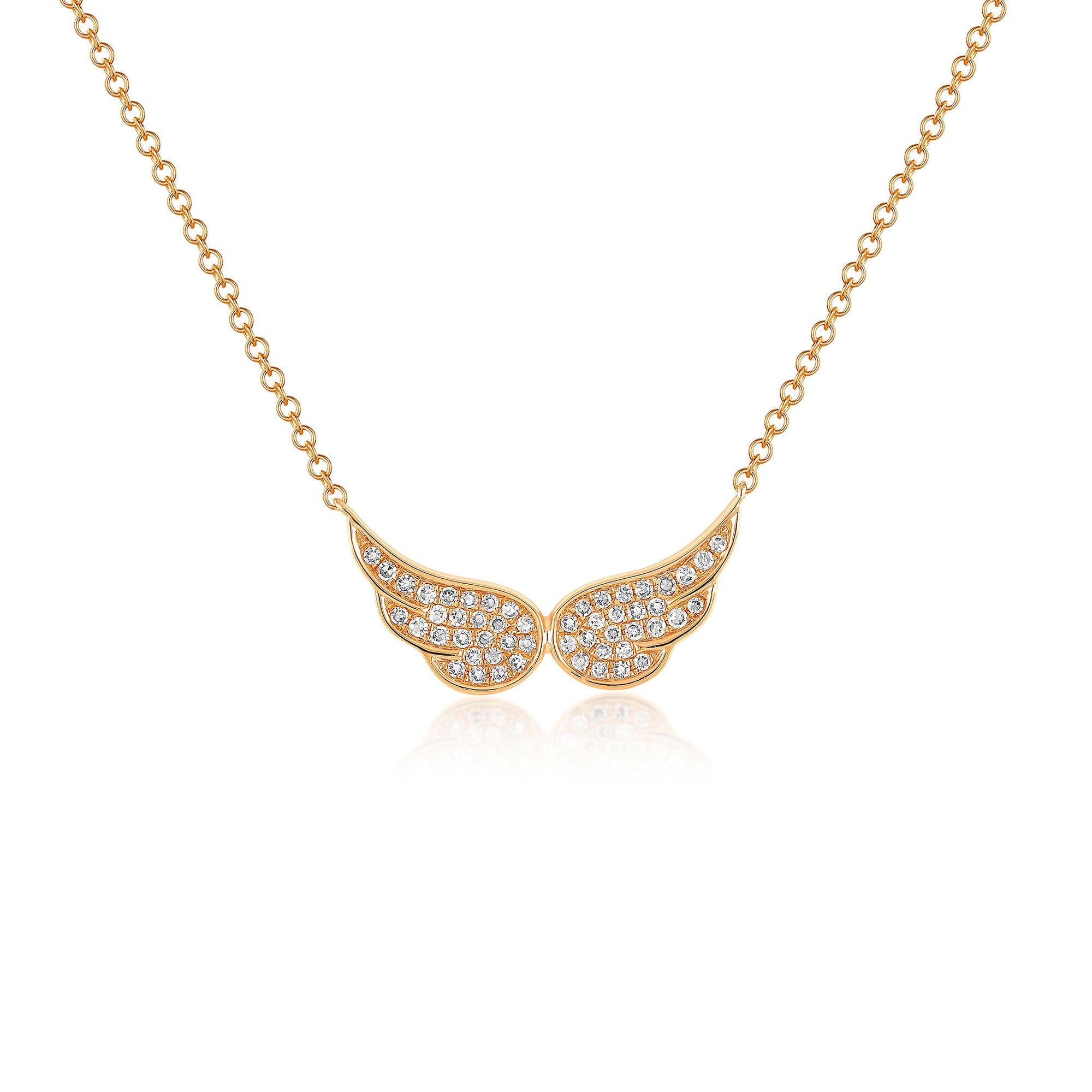 14k (karat) rose gold necklaces with double angel wings encrusted with diamonds