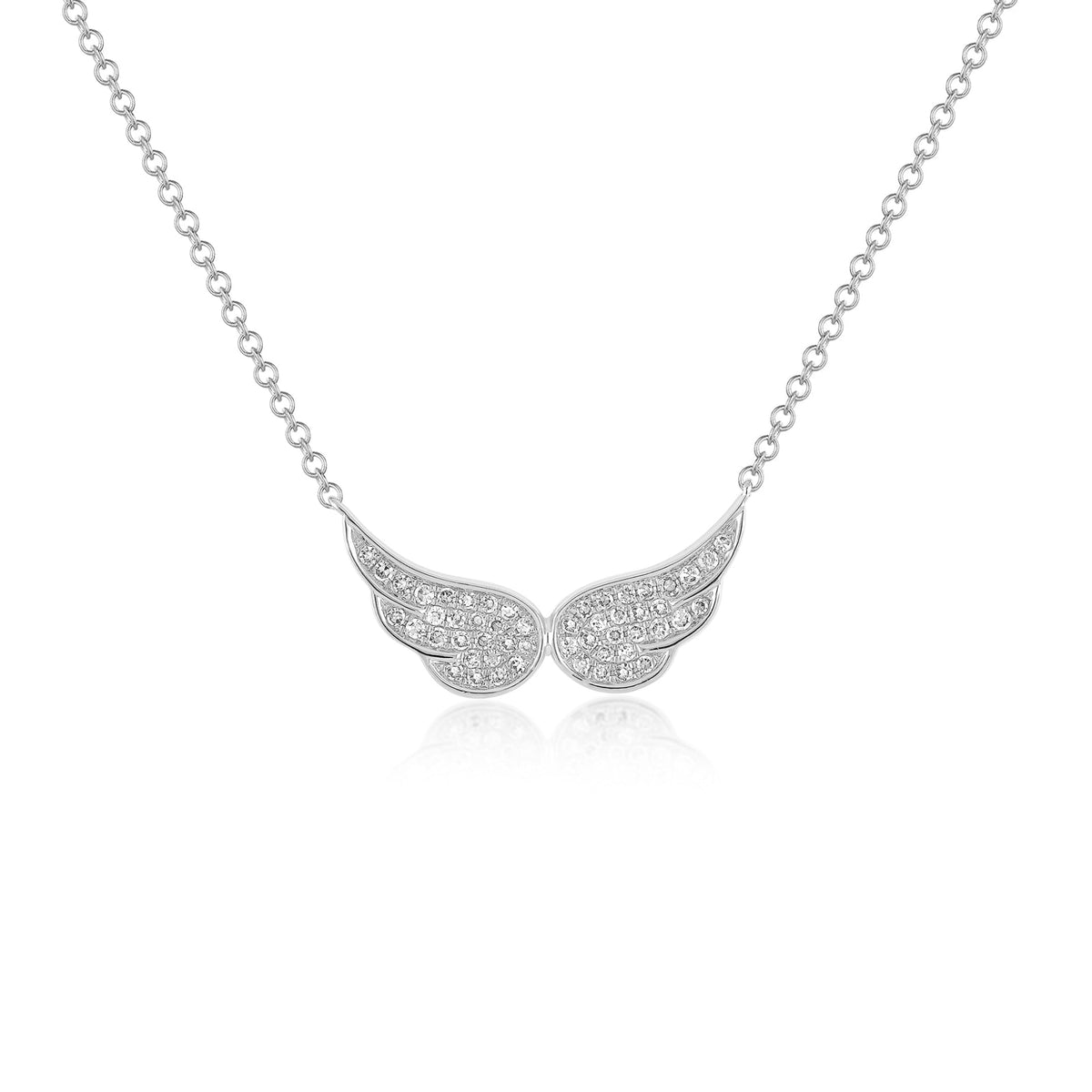 14k (karat) white gold necklaces with double angel wings encrusted with diamonds