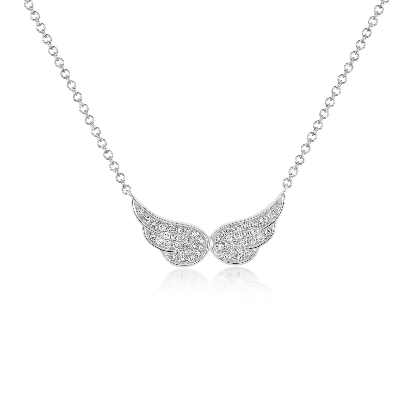 14k (karat) white gold necklaces with double angel wings encrusted with diamonds