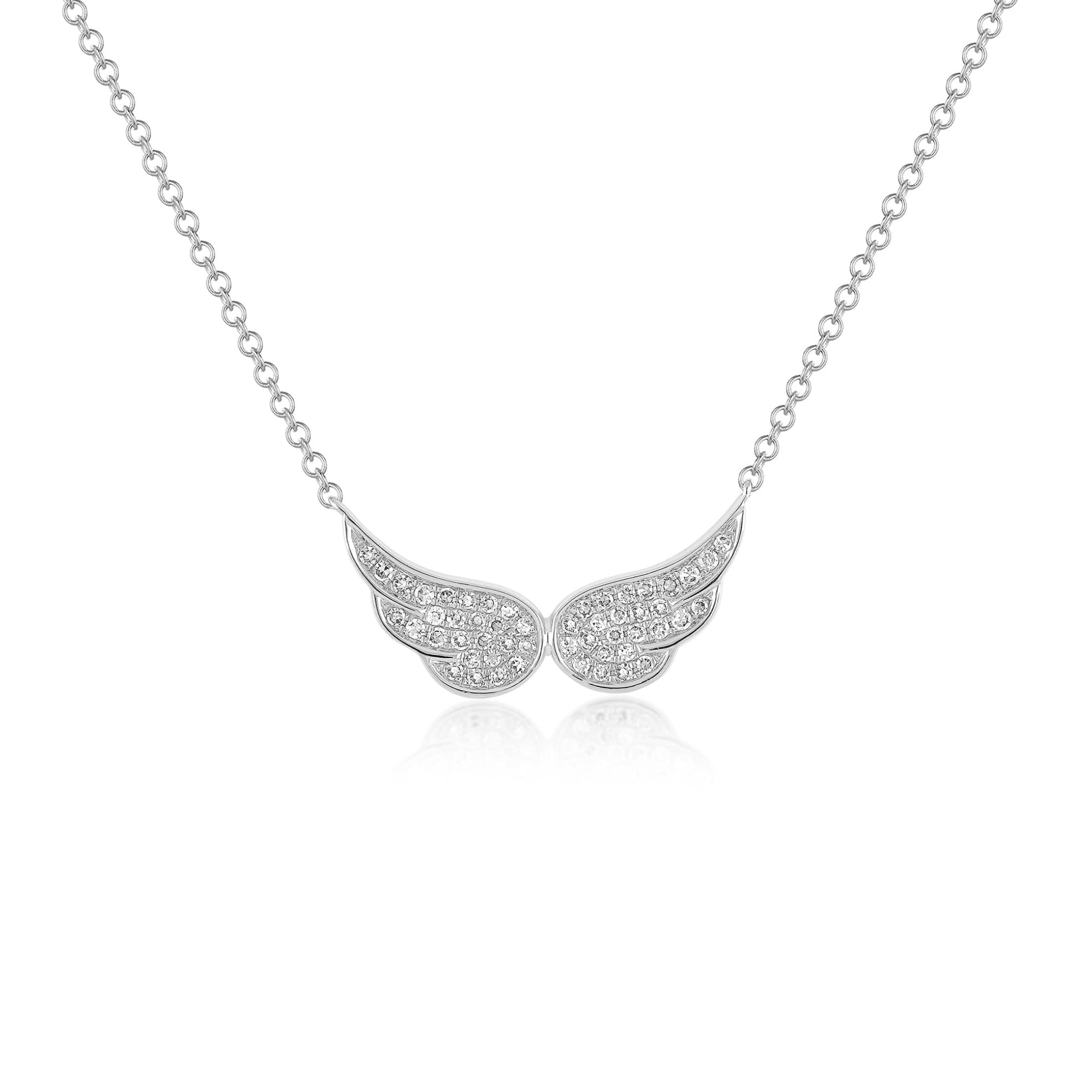 14k (karat) white gold necklaces with double angel wings encrusted with diamonds