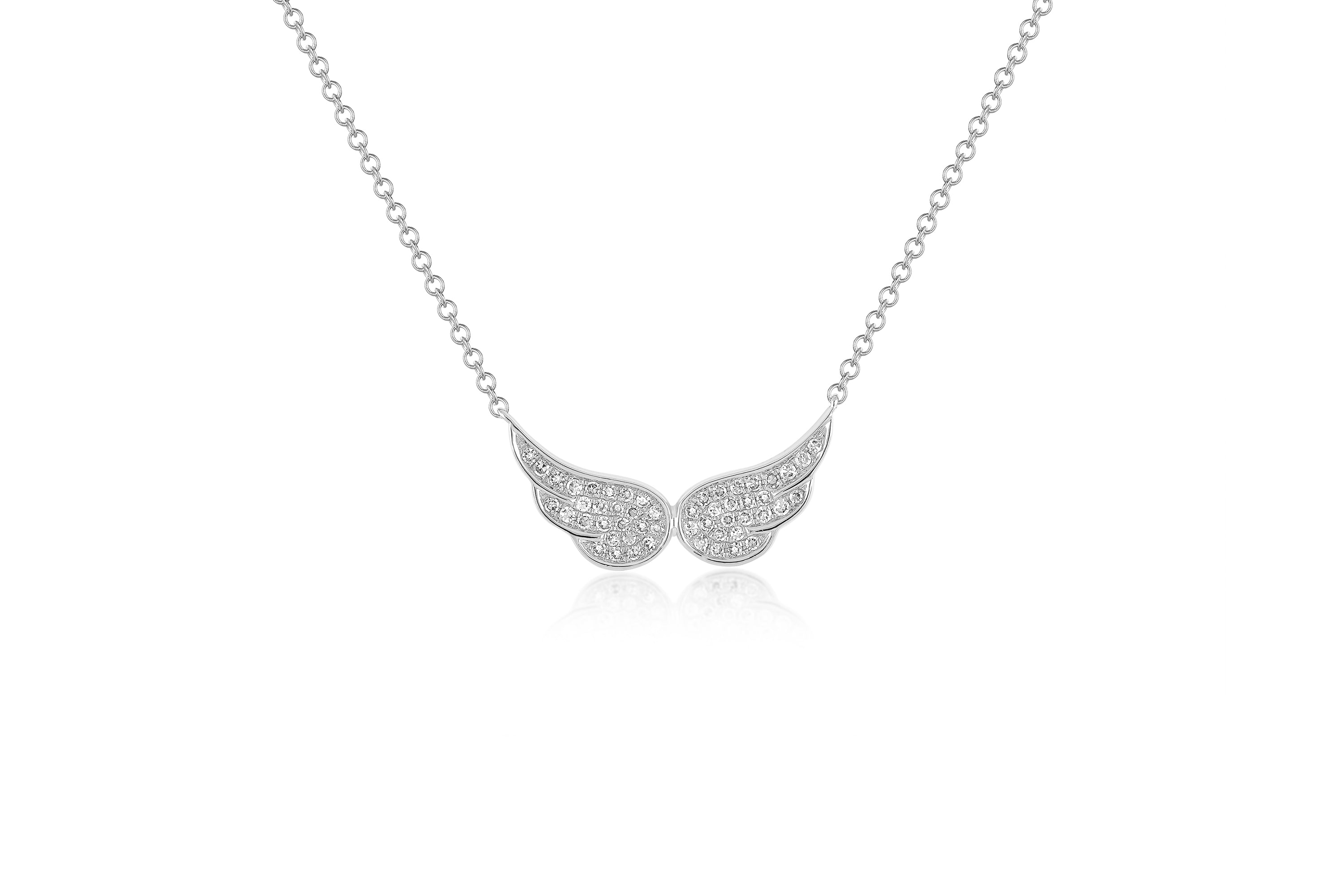 14k (karat) white gold necklaces with double angel wings encrusted with diamonds