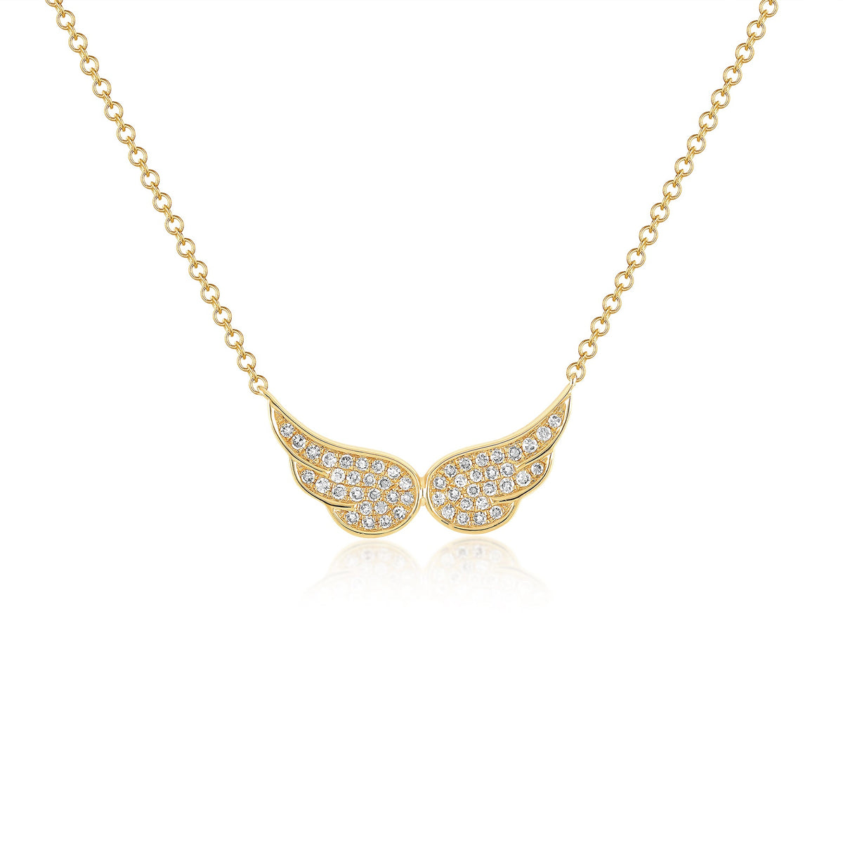 14k (karat) yellow gold necklaces with double angel wings encrusted with diamonds