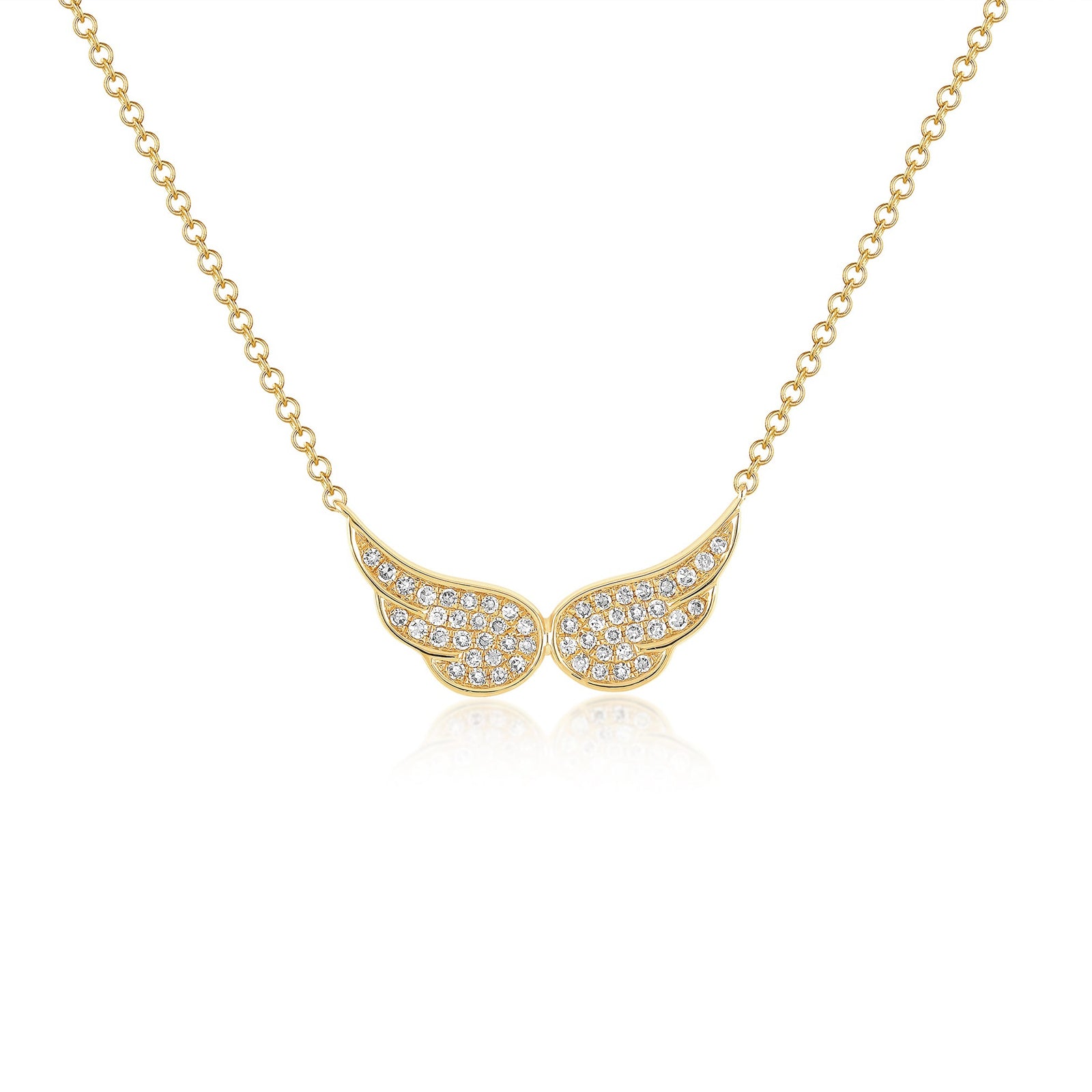 14k (karat) yellow gold necklaces with double angel wings encrusted with diamonds