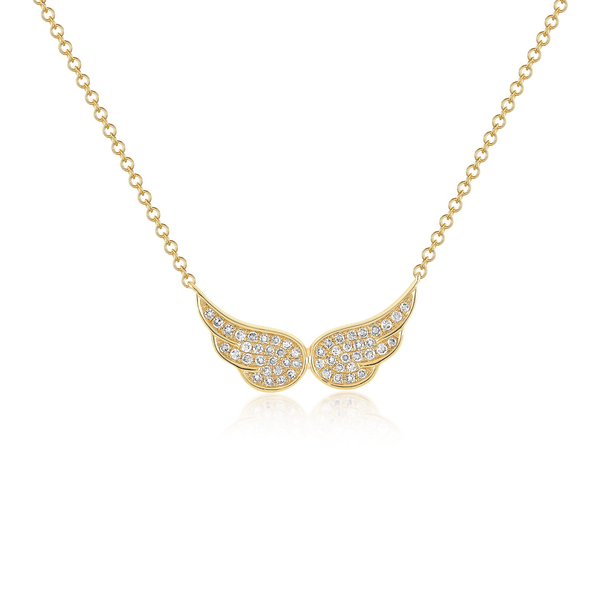 14k (karat) yellow gold necklaces with double angel wings encrusted with diamonds