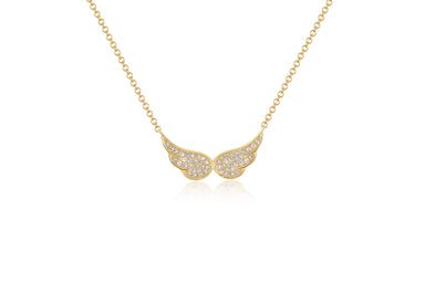 14k (karat) yellow gold necklaces with double angel wings encrusted with diamonds