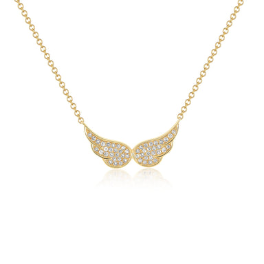14k (karat) yellow gold necklaces with double angel wings encrusted with diamonds