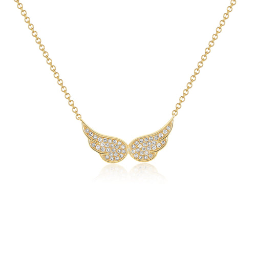 14k (karat) yellow gold necklaces with double angel wings encrusted with diamonds