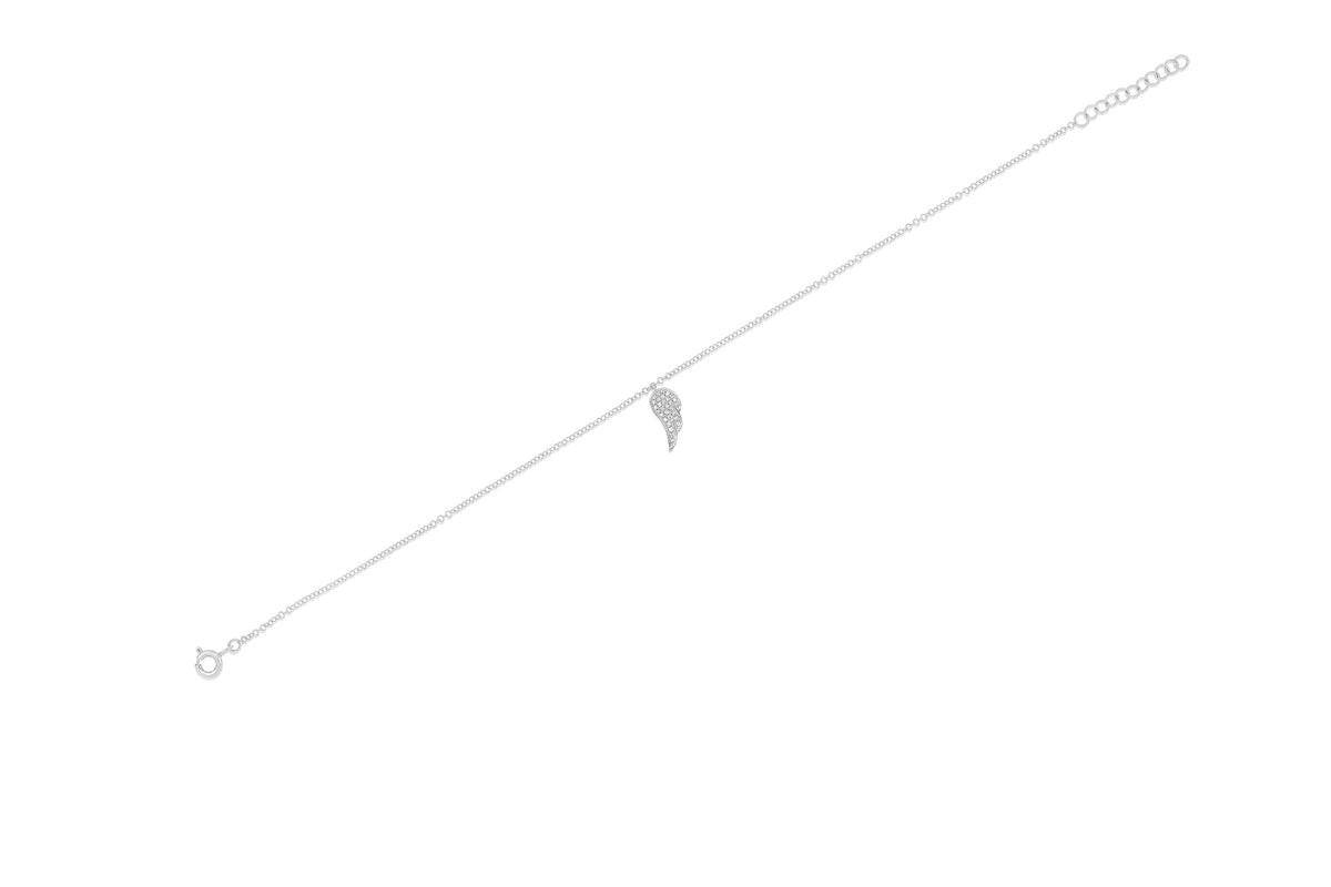 14k (karat) white gold 8-inch anklet with one singular angel wing covered in 30 round diamonds.