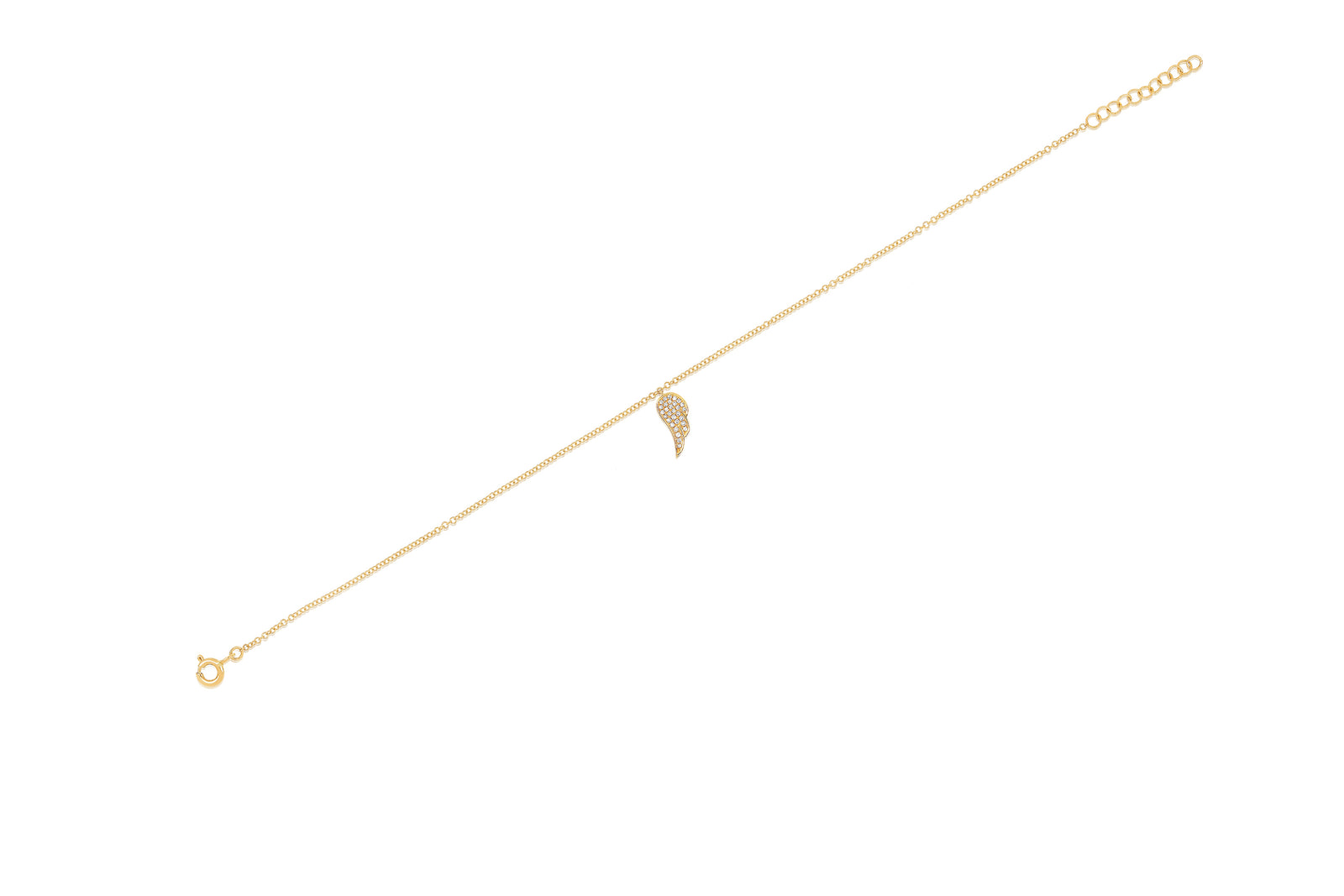 14k (karat) yellow gold 8-inch anklet with one singular angel wing covered in 30 round diamonds.