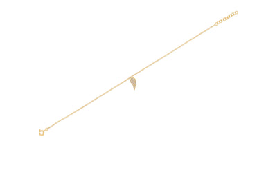 14k (karat) yellow gold 8-inch anklet with one singular angel wing covered in 30 round diamonds.