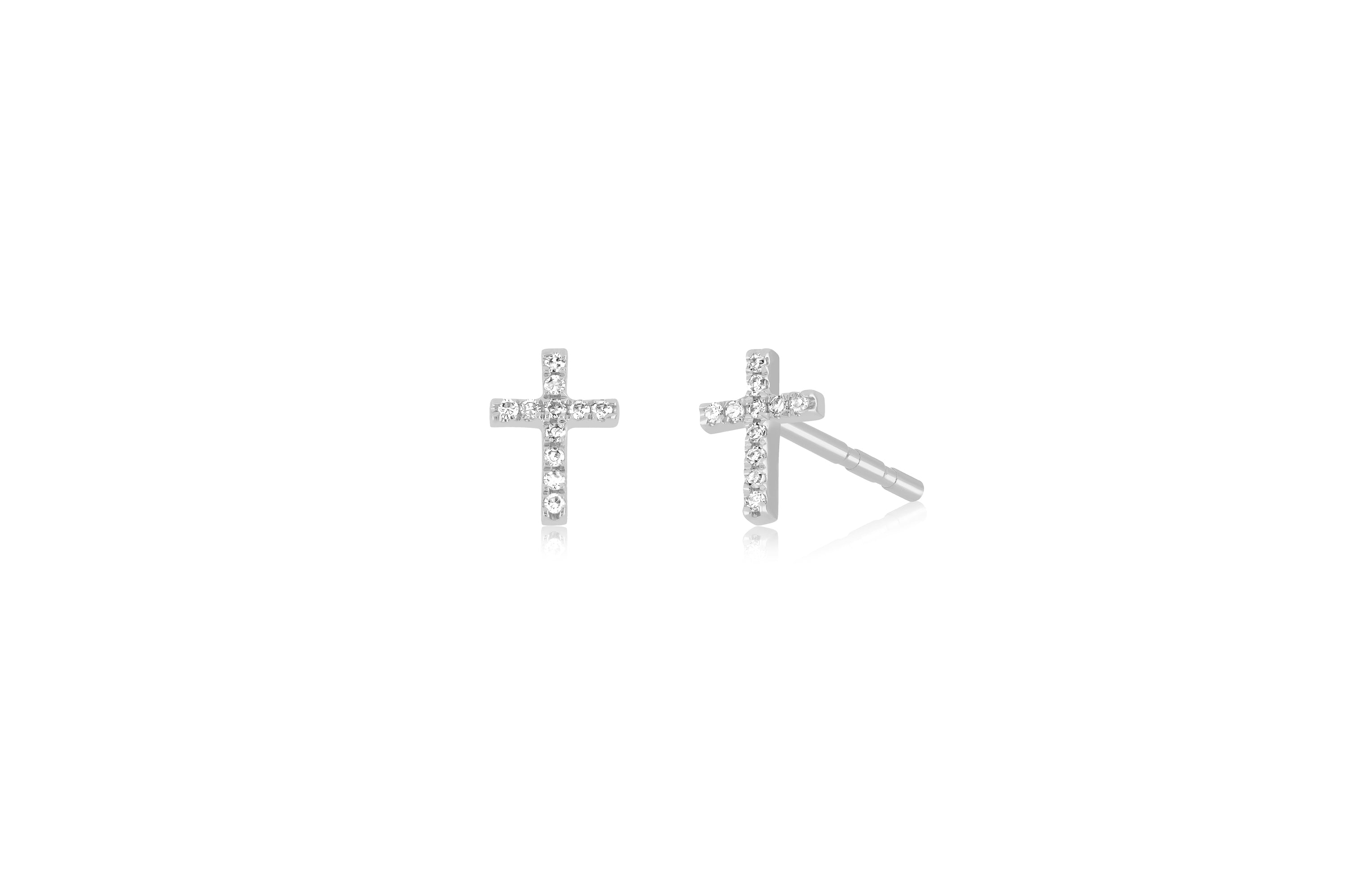 14k (karat) white gold tiny cross stud earring with diamonds and a butterfly post back