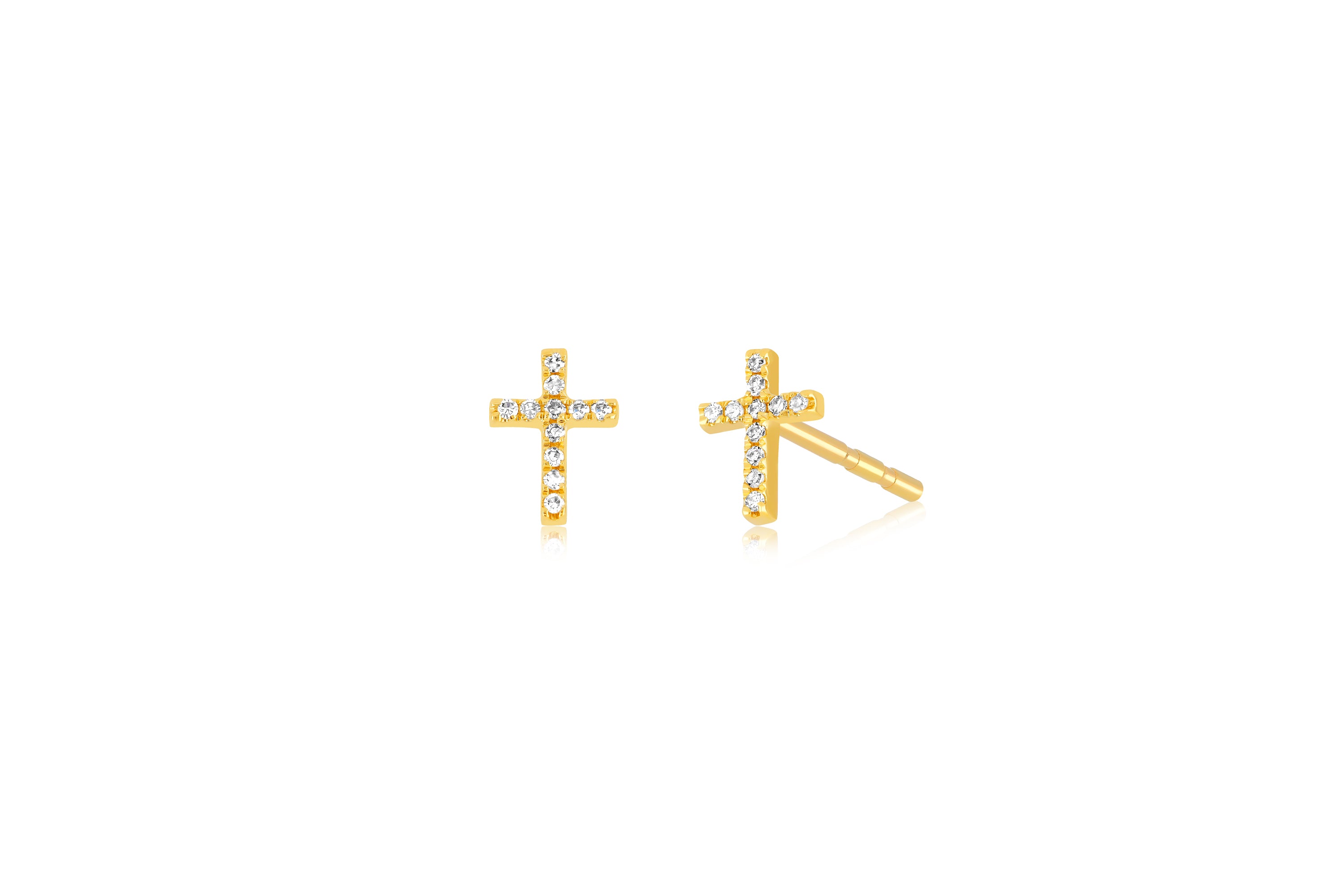 14k (karat) yellow gold tiny cross stud earring with diamonds and a butterfly post back