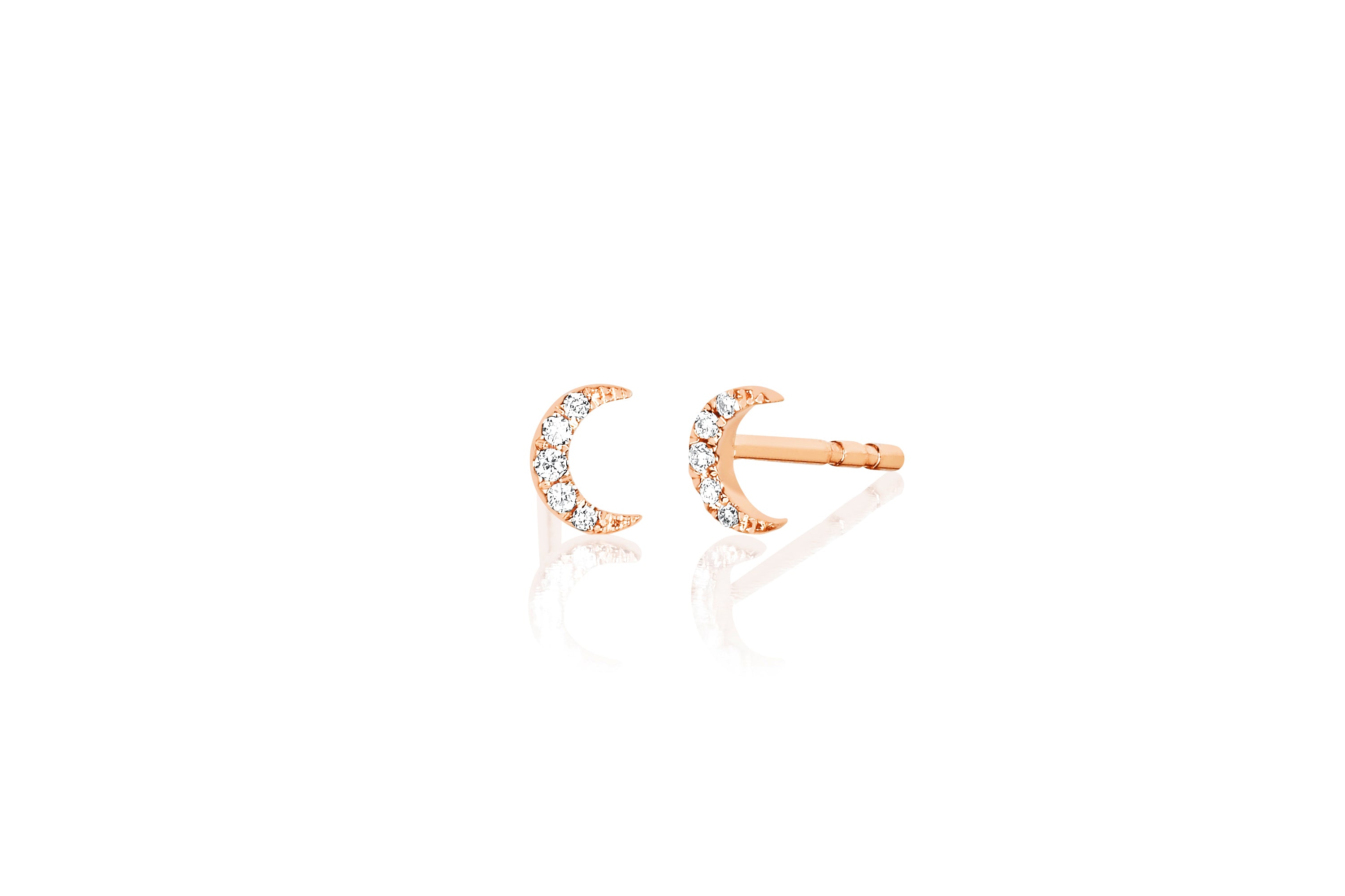 14k (karat) rose gold miniature stud earrings with crescent moon shape encrusted in diamonds