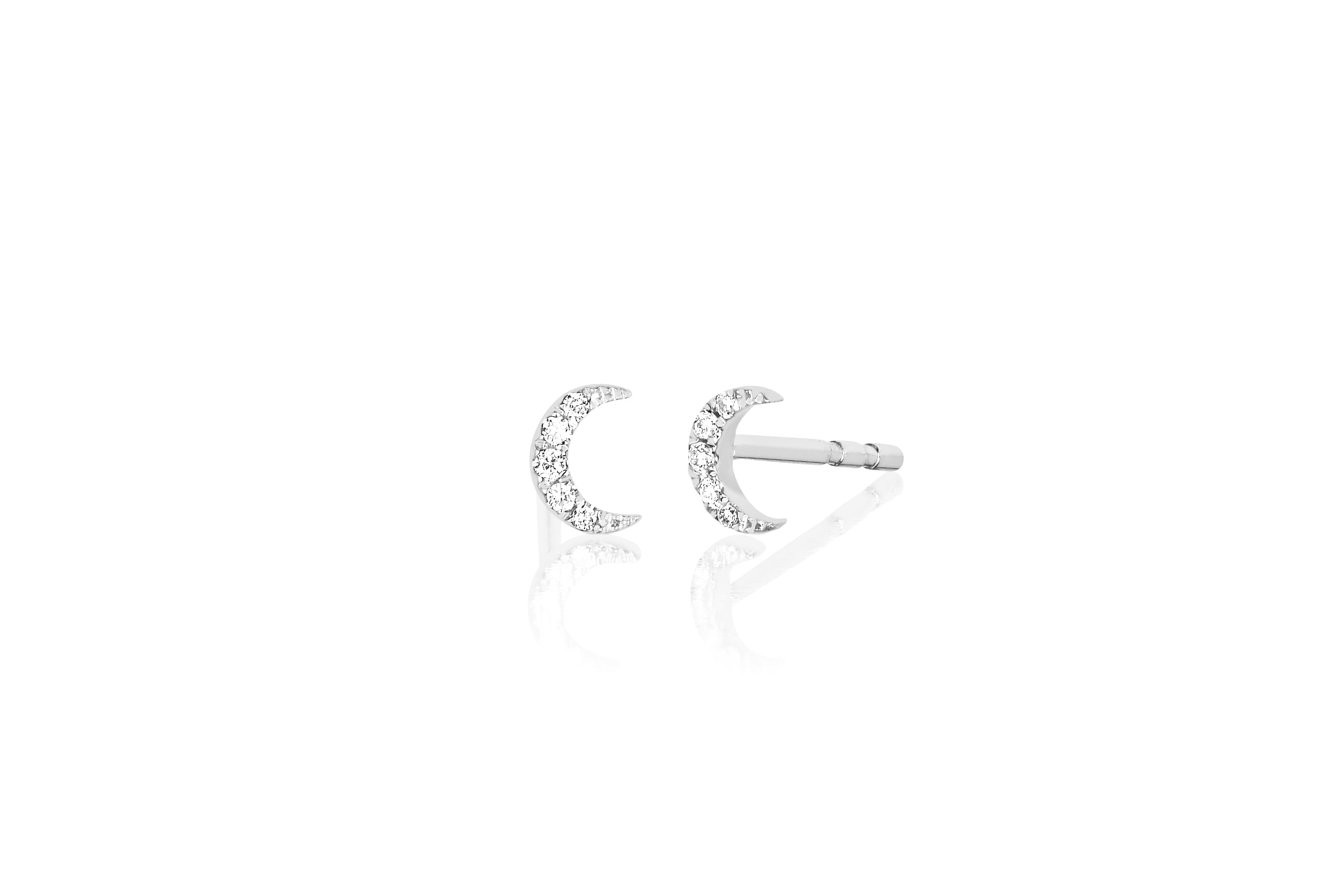 14k (karat) white gold miniature stud earrings with crescent moon shape encrusted in diamonds