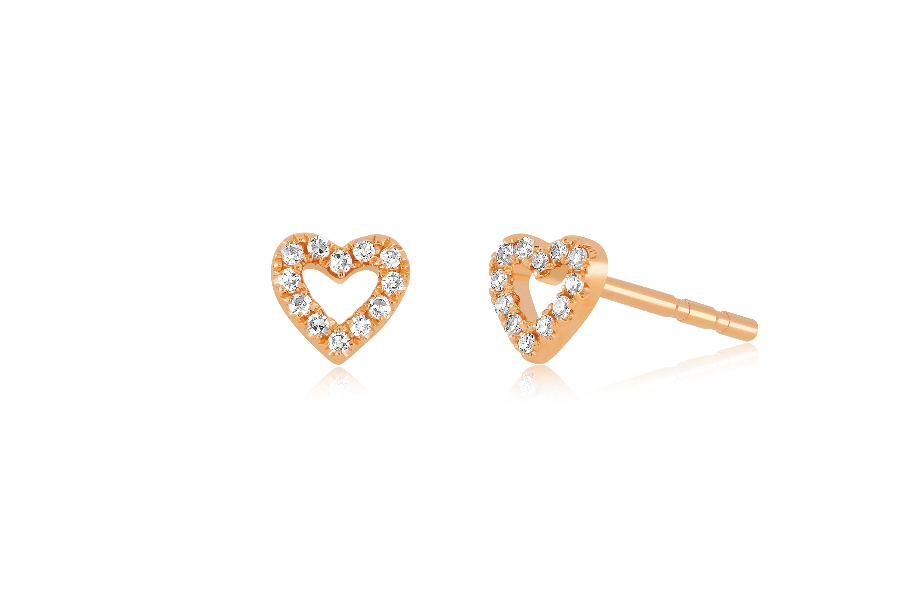 14k (karat) rose gold open heart-shaped stud earring with diamonds