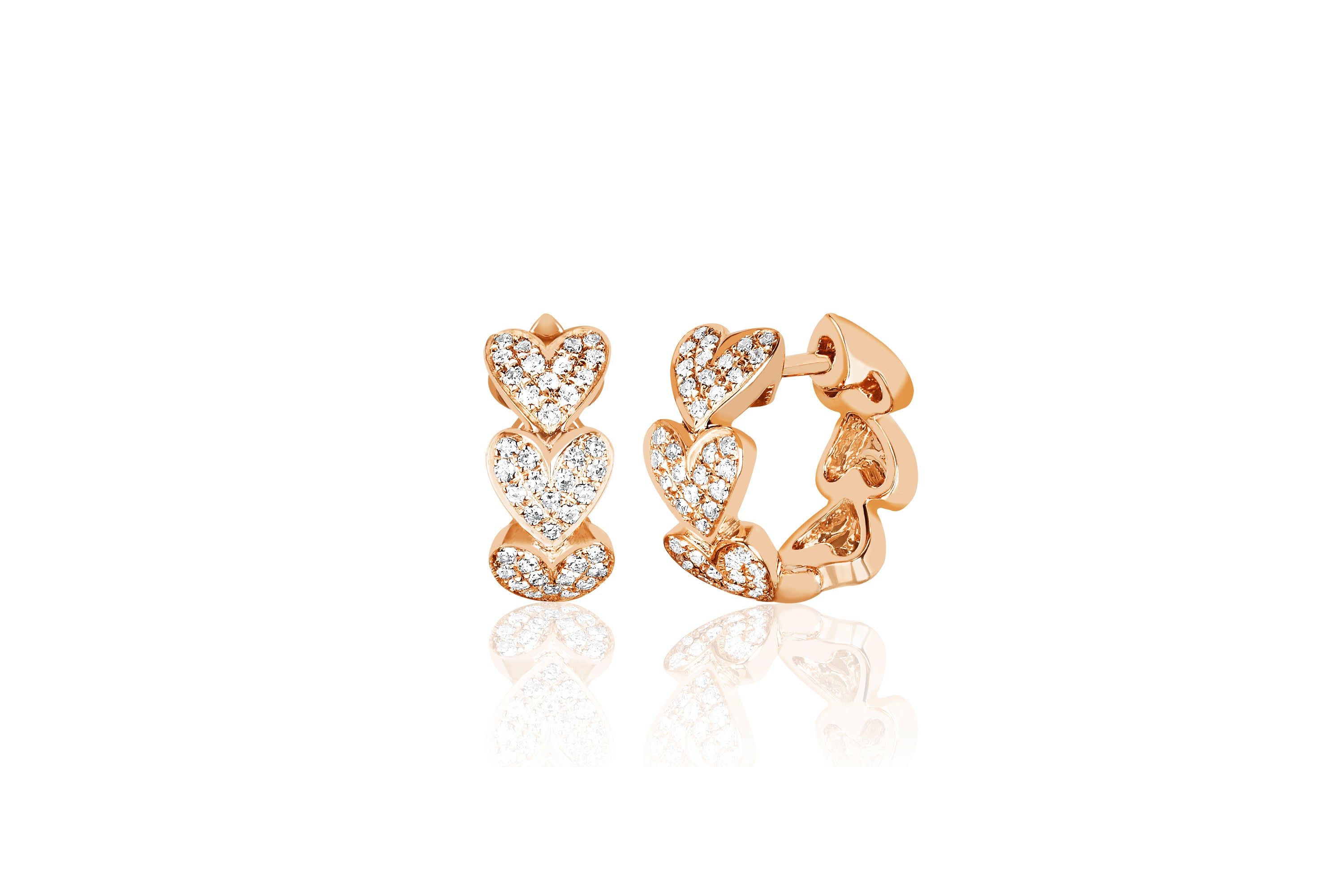 14k (karat) rose gold huggie earring with multiple heart pendants encrusted in diamonds. Each heart measuring 5 mm.