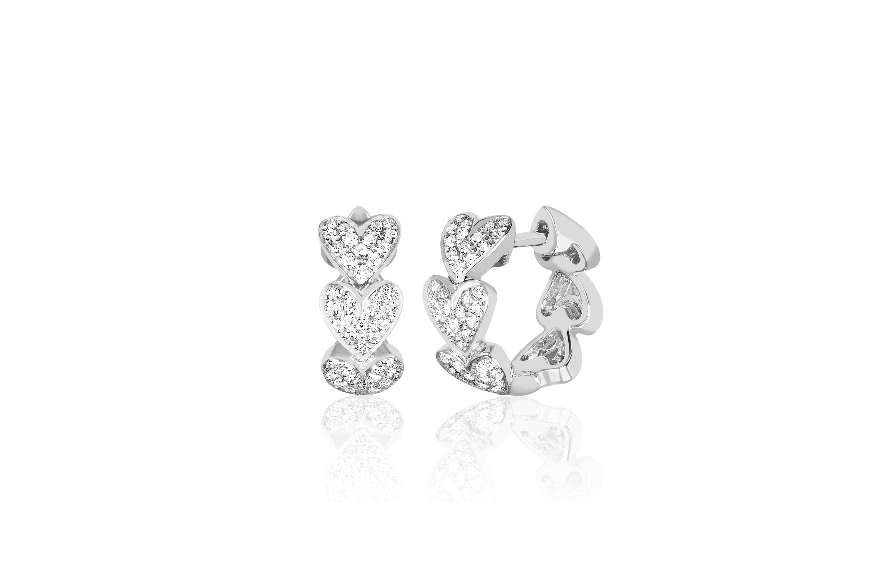 14k (karat) white gold huggie earring with multiple heart pendants encrusted in diamonds. Each heart measuring 5 mm.