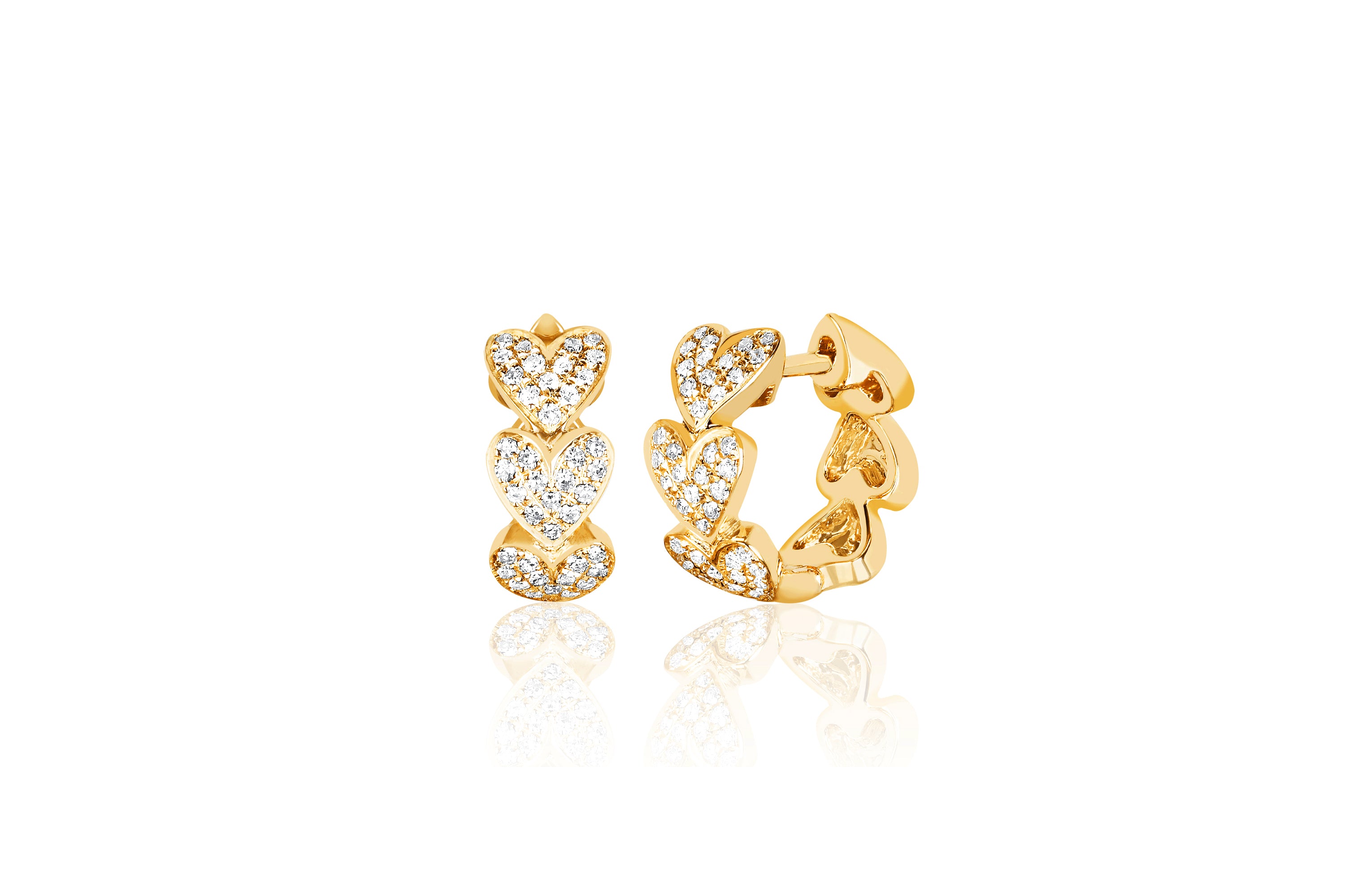 14k (karat) yellow gold huggie earring with multiple heart pendants encrusted in diamonds. Each heart measuring 5 mm.