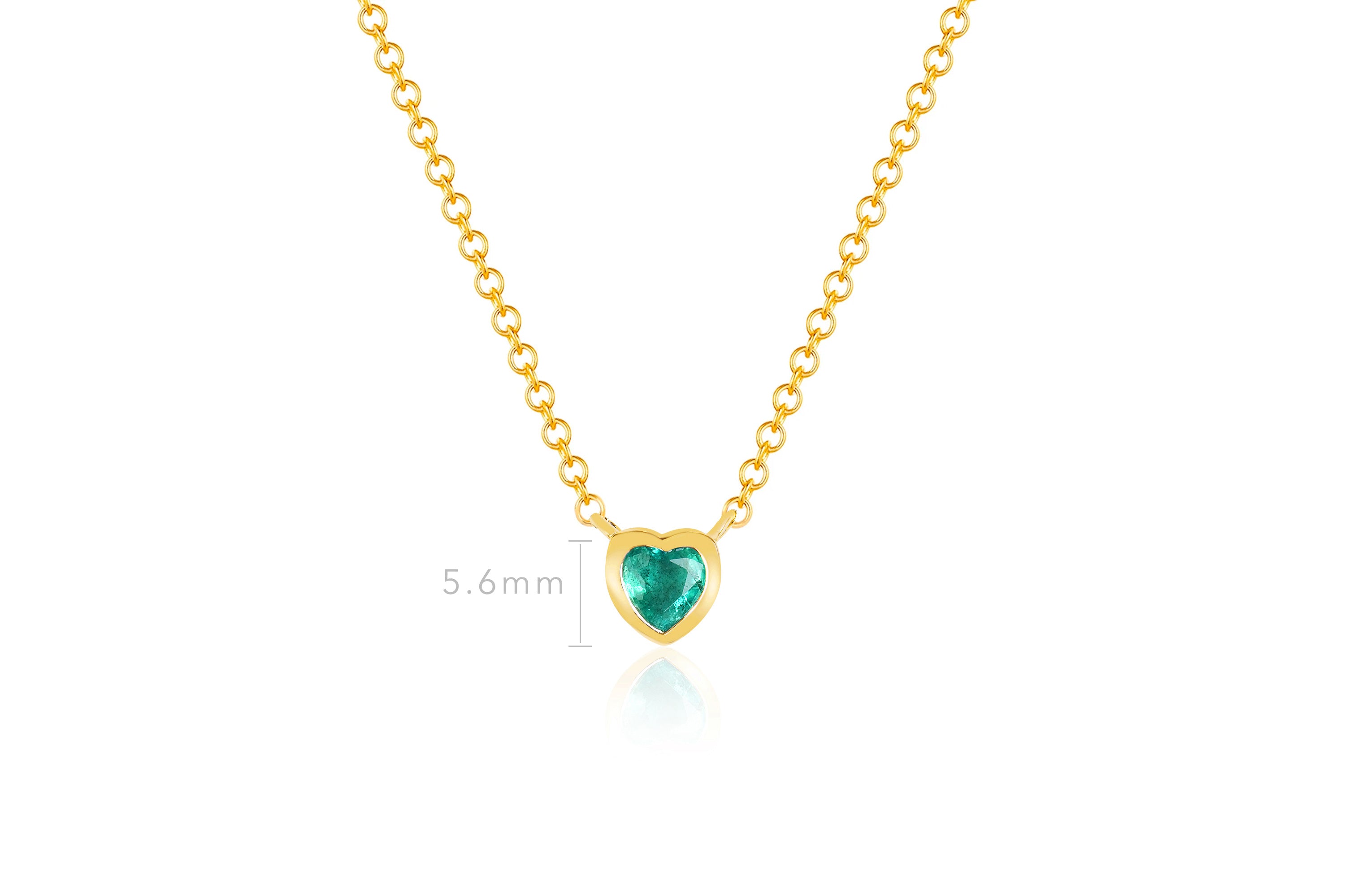 14k yellow gold chain necklace with fixed 5.6mm emerald jewel heart pendant with measurement graphic.