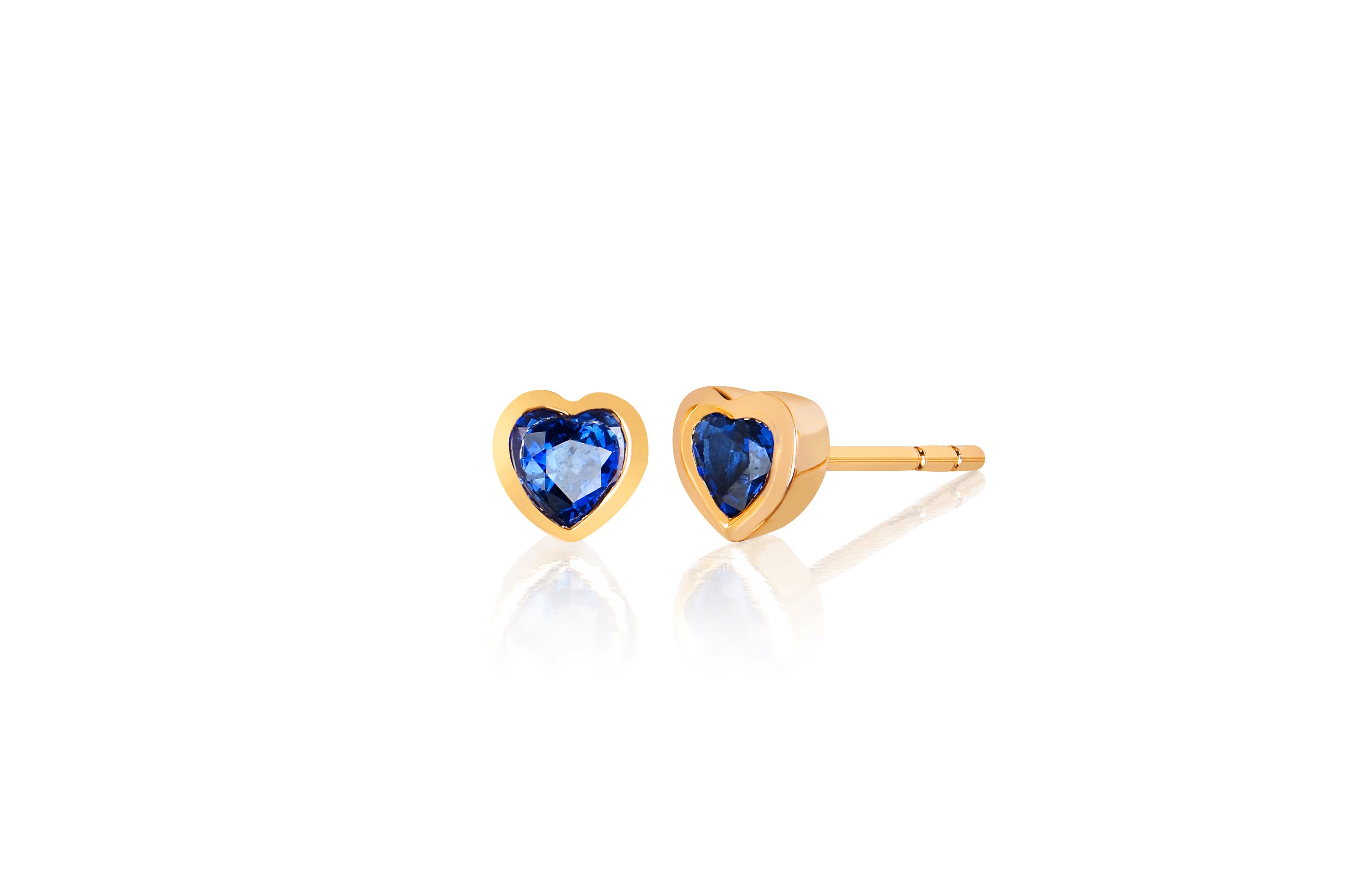 14k (karat) yellow gold heart-shaped stud earrings with blue sapphire in the center and finished with butterfly post backs.