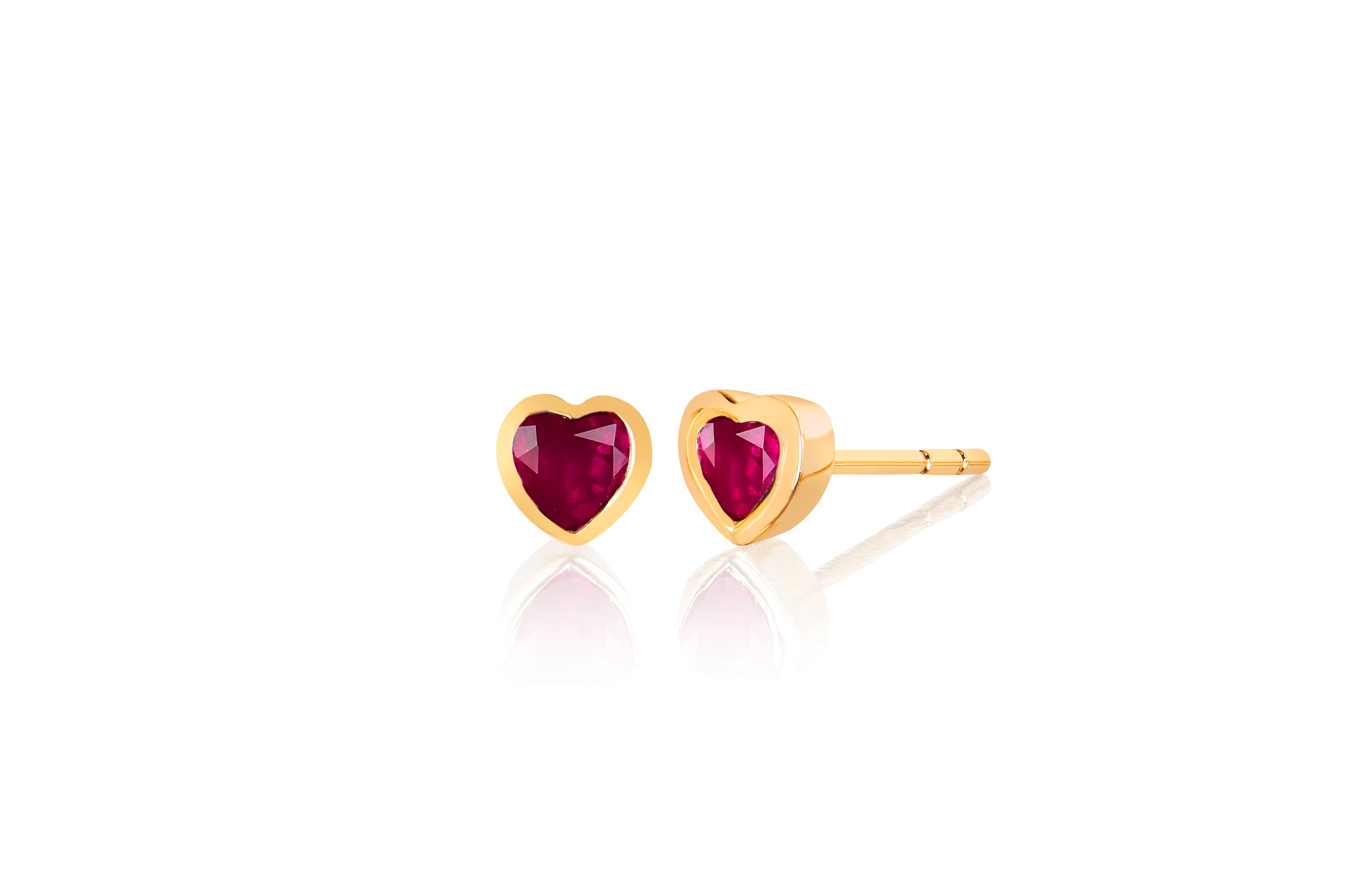 14k (karat) yellow gold heart-shaped stud earring with ruby accent center measuring 5mm