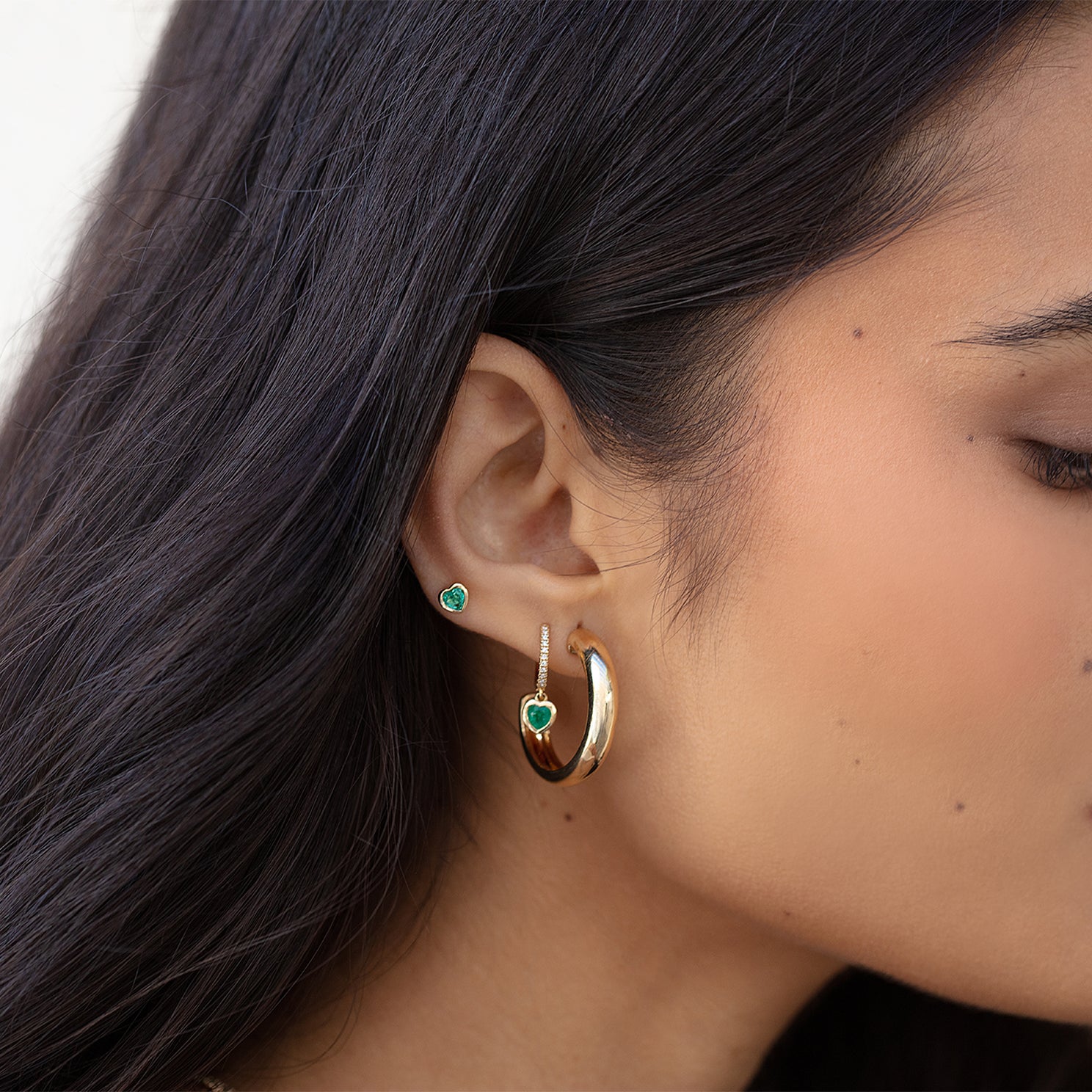 Emerald Heart Drop Diamond Mini Huggie Earrings