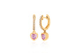 14k (karat) yellow gold diamond encrusted huggie earrings with heart-shaped drop pendant in pink sapphire measuring at 5 mm. Overall height of earring is 15 mm with huggie and pendant together