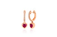 14k (karat) rose gold diamond encrusted miniature huggie earrings with heart-shaped drop pendant in ruby. Overall dimensions measure 15mm while the pendant itself is only 5mm