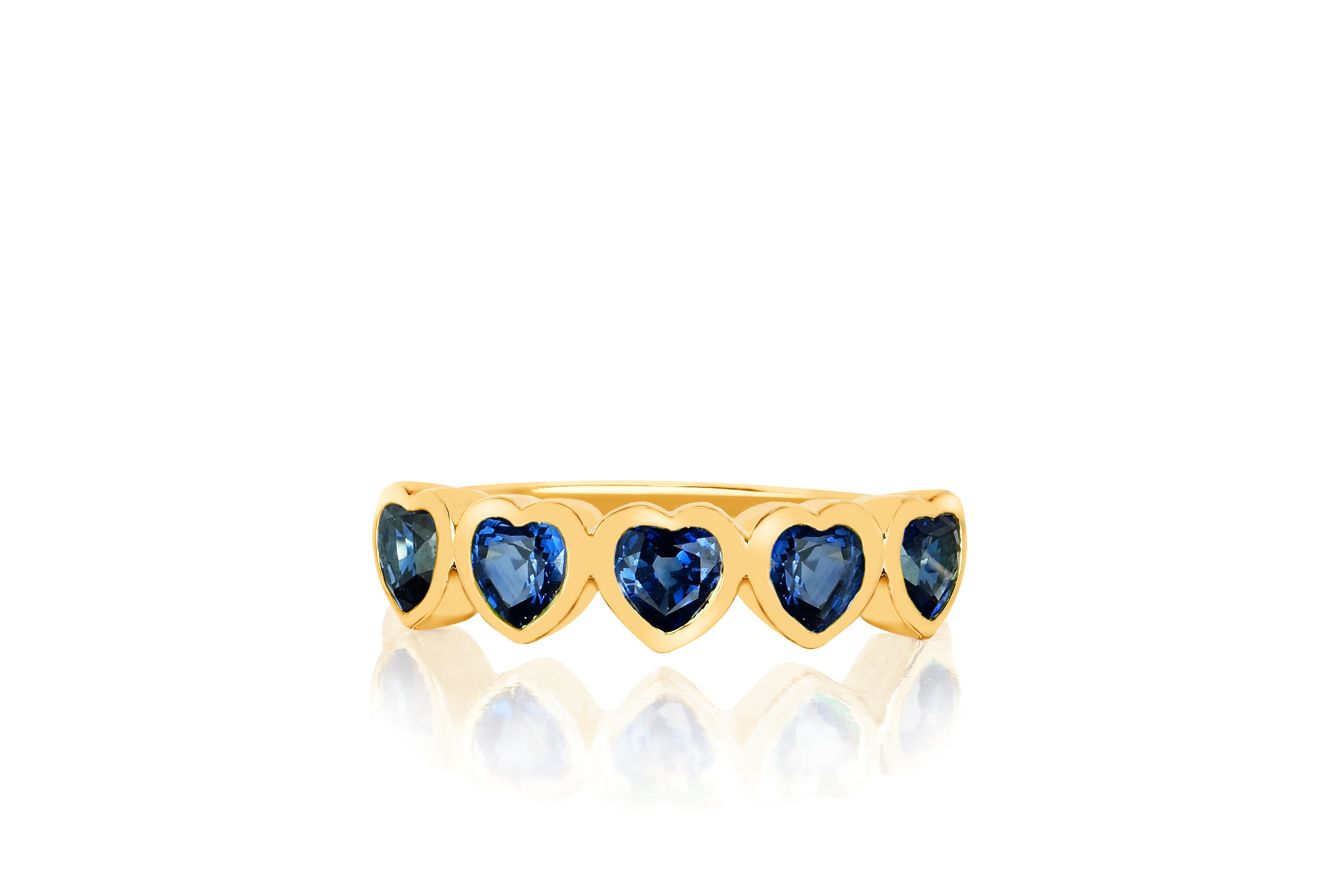 14k (karat) yellow gold ring with 5 blue sapphire jeweled hearts circling the top of the ring.
