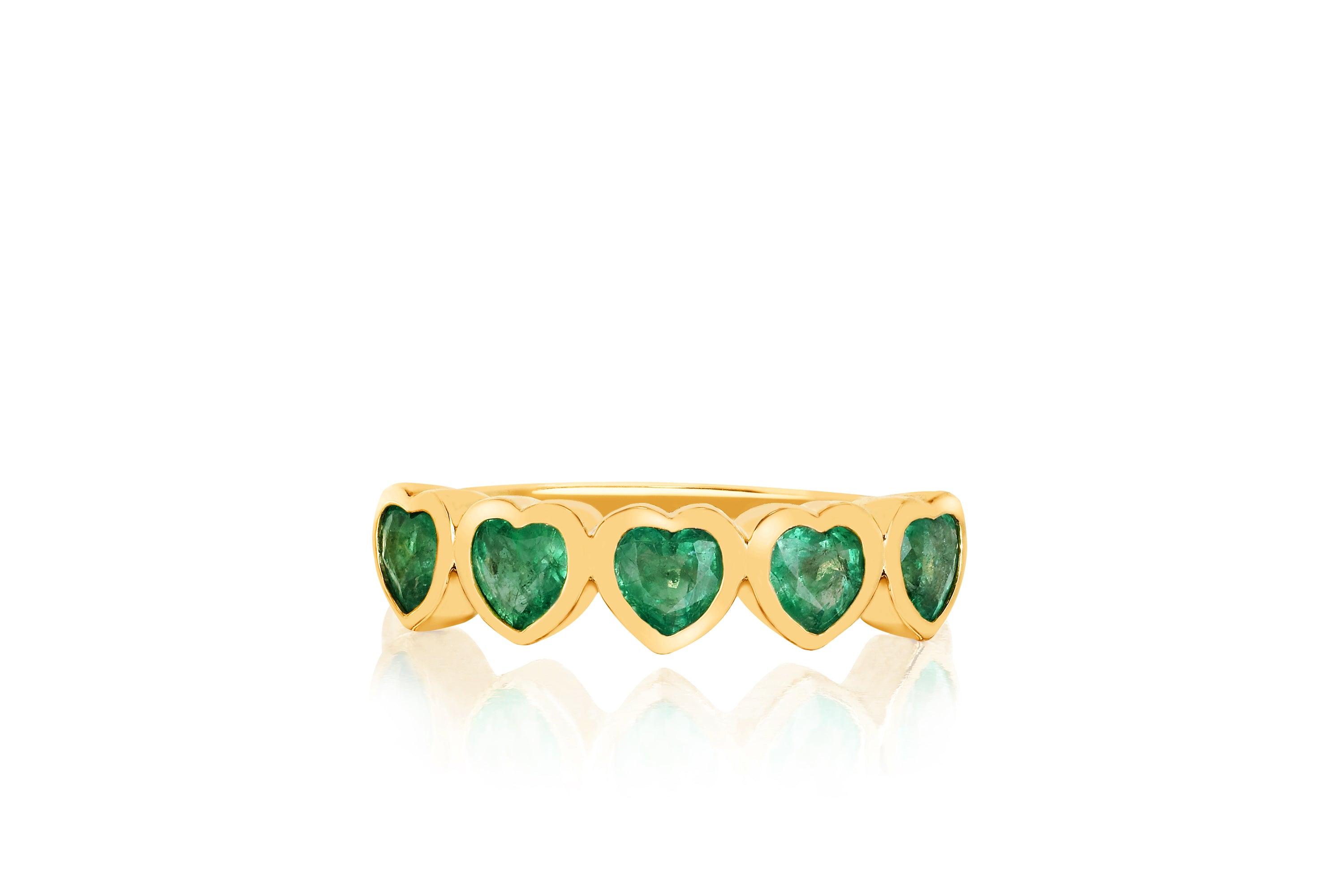 14k (karat) yellow gold multi heart ring with heart-shaped pendants on top with emerald jewel stone centers.