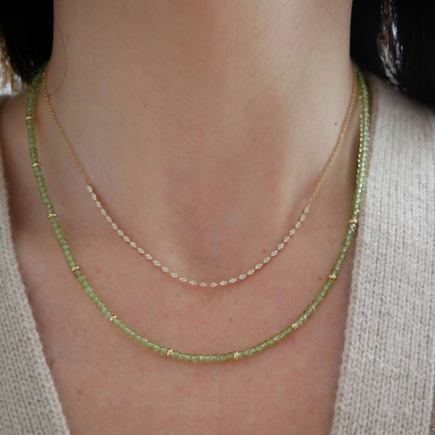 Birthstone Bead Necklace In Peridot styled on neck of model