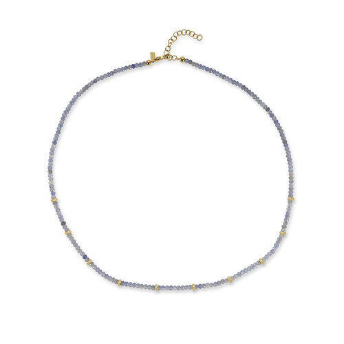 Birthstone Bead Necklace In Tanzanite with 14k yellow gold chain